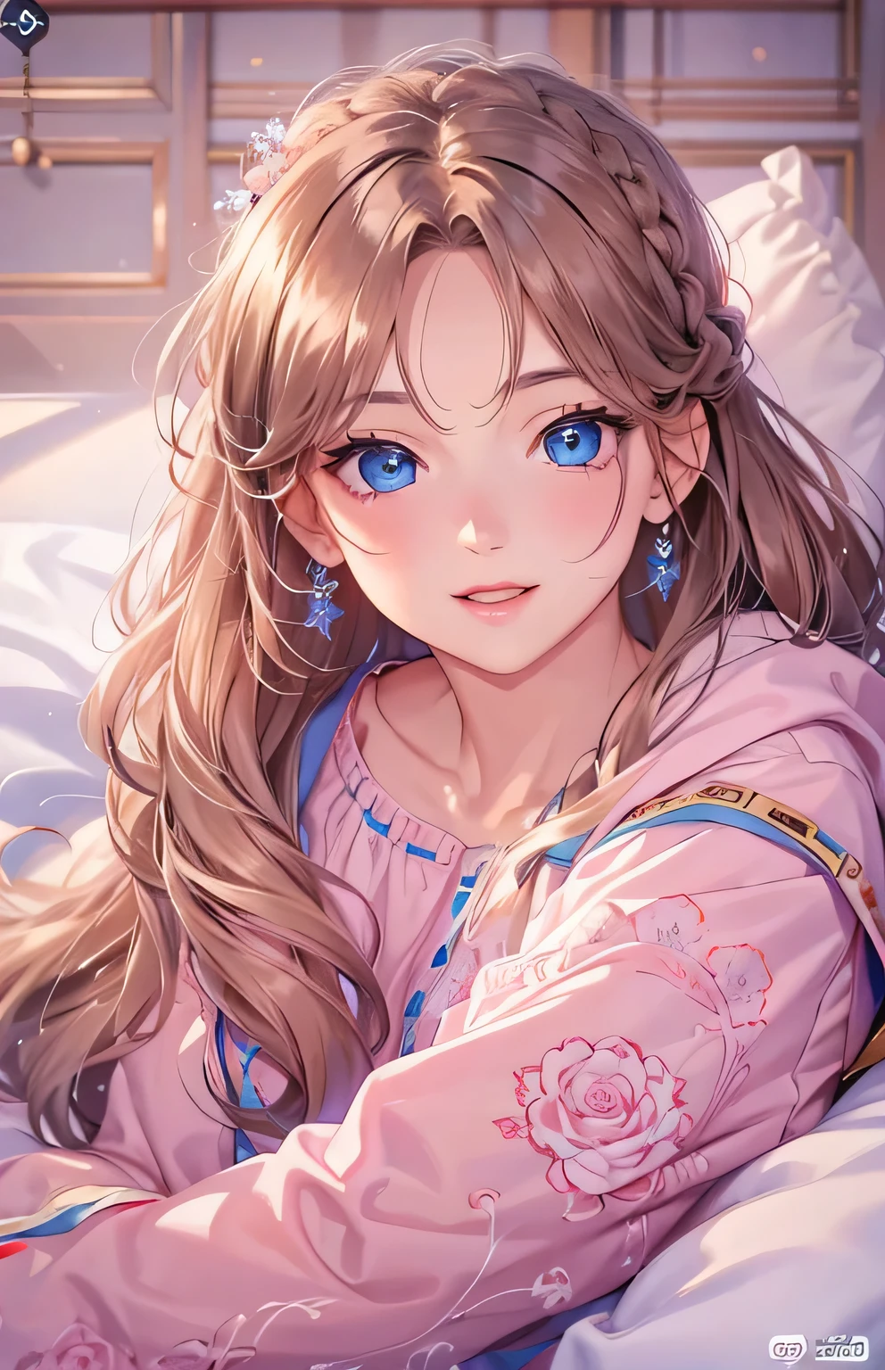 ((highest quality)), ((masterpiece)), (Get used to it), Perfect Face , masterpiece、highest quality、High resolution、High-quality images、8k, 1 female、Skin Radiance、Texture of skin and clothing、Expression of fine eyes、shiny light light brown hair,Girl with long braided hair, Manga inspired by Lee Jong-suk, Trending on deviantart, realism, detailed manga style, Manga art style, Perfect Line Drawing, Beautiful line art, digital manga art girl, K-POPアイドル, Beautiful Blue Eyes, Lips become thicker, Gorgeous face with attention to detail, (Cute Smile), charm, Innocent, Side view, (Perfectly detailed face), (Beautiful Hands) Photorealistic images, Written boundary depth, 20th Generation ,beautiful girl , Babydoll Underwear , The roses have fallen , Lying in bed ,
