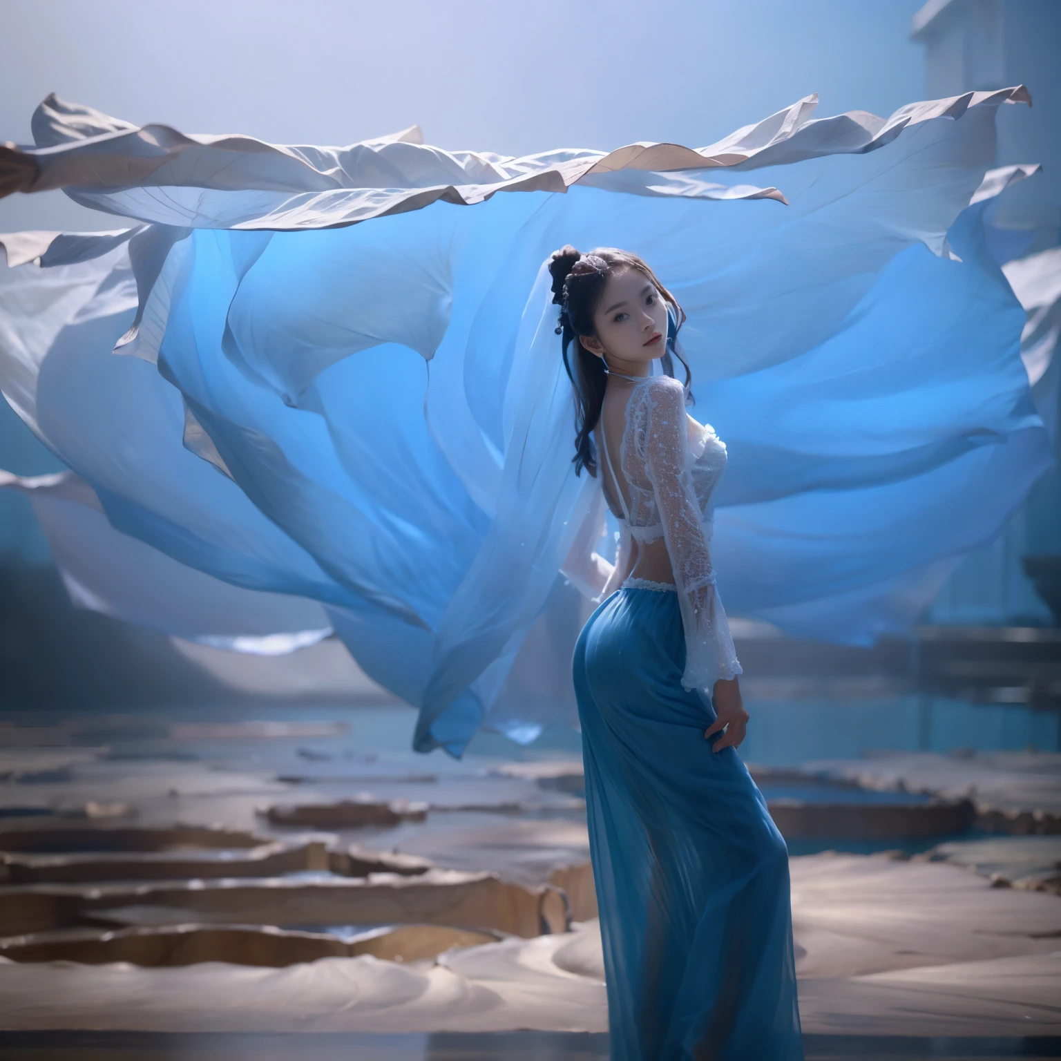 lifelike，Realism，photography，masterpiece，Best quality，Ultra Detailed，1girl，water，flower，Blue Theme，dress，moon，站着water中，Flowing long skirt，鲜flower，flower瓣，pole
Minimalist，Ocean景，Ocean景，Ocean，Full Moon