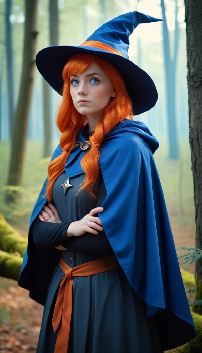 masterpiece, best quality, Young witch In the forest clearing, with her arms crossed wearing a blue pointed hat and orange hair and a blue cape and blue cape, Beautiful and soft features, cinematic lighting. By DL ⭕
