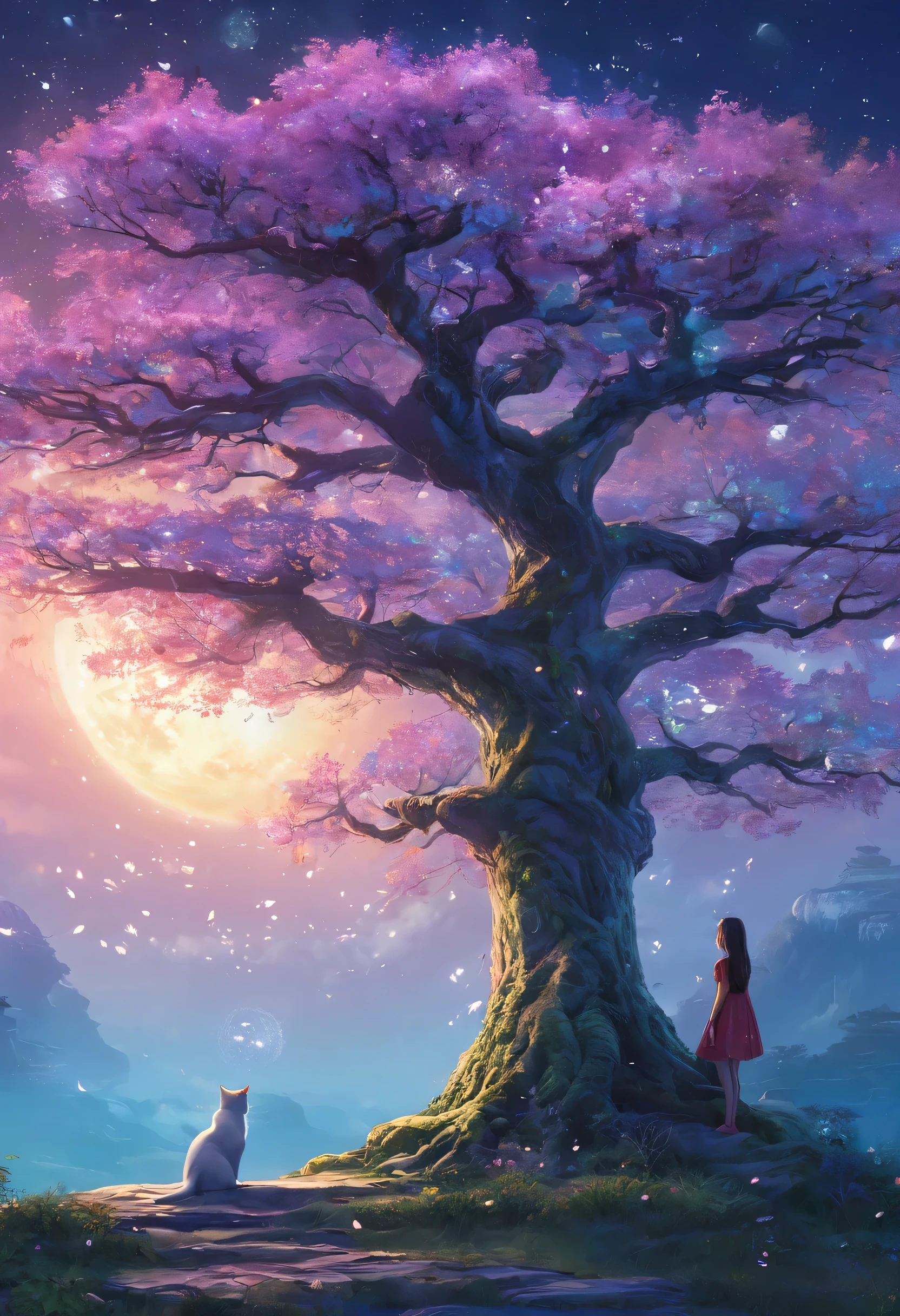Cat　、girl　、night　,A picture of a tree with a white bird and a cat in the middle, Magic Tree, fantasy tree, Magic Tree, Beautiful artwork illustration, very Beautiful digital art, Background artwork, Beautiful digital painting, by ヤン・J, Beautiful digital illustrations, Beautiful digital artwork, Dreamy digital painting, Beautiful digital art, world Tree, tree of life, Fantasy art style