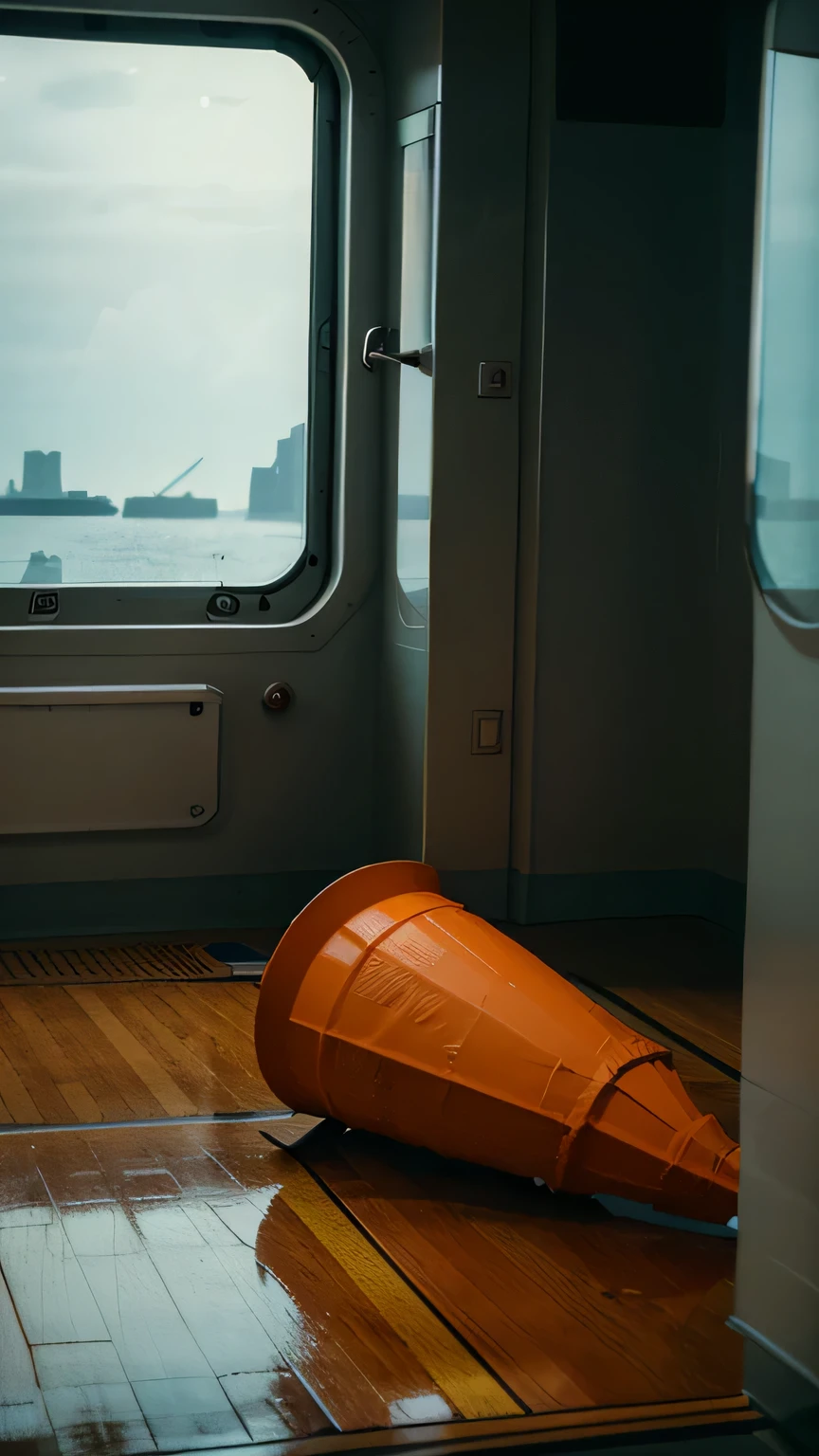 there is a traffic cone sitting on the floor next to a window, cone, light cone, on the deck of a ship, outside large window of ship, shot on leica sl2, cone shaped, interior of staten island ferry, shot on kodak ektar, inside large window of ship, shot on kodak vision 200t, by Raymond Normand
