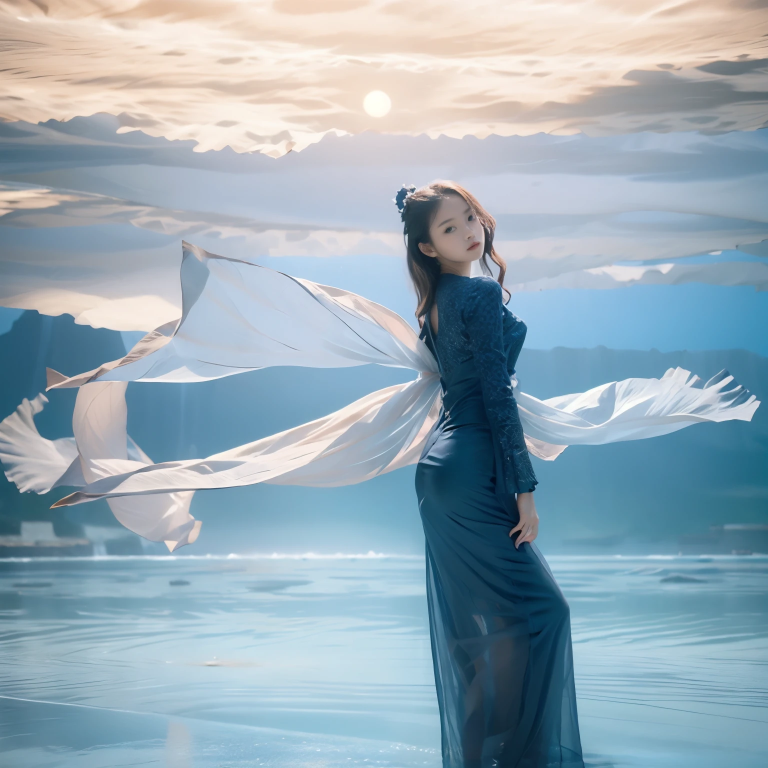 lifelike，Realism，photography，masterpiece，Best quality，Ultra Detailed，1girl，water，flower，Blue theme，dress，moon，站着water中，Flowing long skirt，鲜flower，flower瓣，Minimalism，Ocean景，Ocean景，Ocean，Full Moon