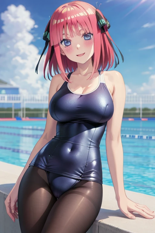 best quality, ultra-detailed masterpiece, anime art style, cute characters, nino nakano, one-piece swimsuit, large breasts, pantyhose, blush, smile