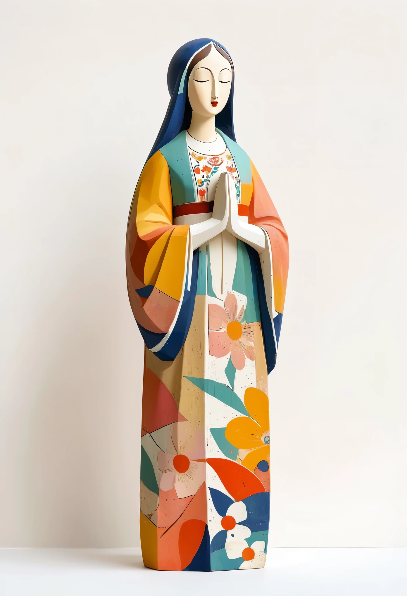 Colorful statue of the Virgin Mary，Painted in earthy tones, Rough texture，stale，Wearing a floral dress, White background, John Klassen&#39;style. EArrangei and Morandi colors, organic shapes, Geometric patterns, 植村秀的style. 马蒂斯style木偶上的油漆滴. 立体主义style, Art Deco, pop surrealist characters, folk inspired illustrations, pastel color palette, bright White background, No shadow.