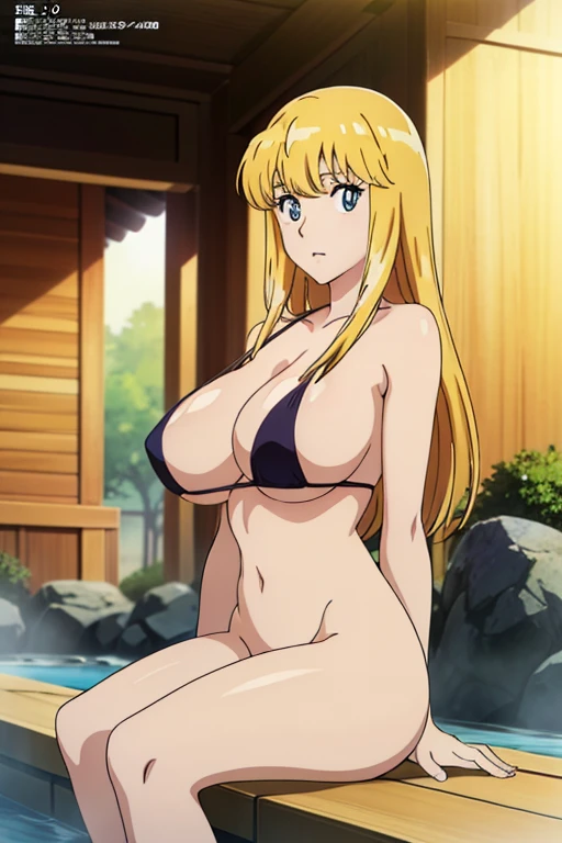 (anime cels style, Masterpiece, best quality, high resolution, anime colored, megami magazine:1.2, anime poster style, anime keyvisual, sharp, 8k, photorealistic), (beautiful eyes:1.5), reiko_aiwaifu, 1girl, cute, blond hair, long hair, sagging huge breast, (beautiful nude), bikini, underboob, (cowboy shot, sitting), (perfect detailed anatomy, perfect arms, perfect fingers, beautiful face, perfect body, shiny skin), onsen, 