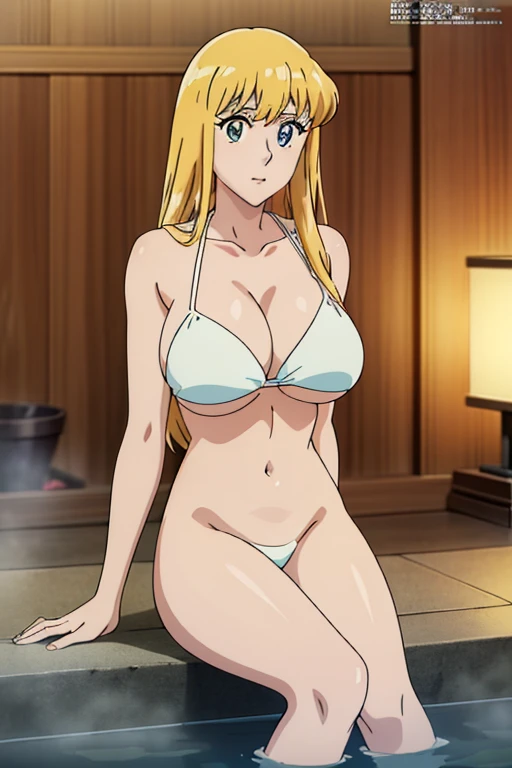 (anime cels style, Masterpiece, best quality, high resolution, anime colored, megami magazine:1.2, anime poster style, anime keyvisual, sharp, 8k, photorealistic), (beautiful eyes:1.5), reiko_aiwaifu, 1girl, cute, blond hair, long hair, sagging huge breast, (beautiful nude), bikini, underboob, (cowboy shot, sitting), (perfect detailed anatomy, perfect arms, perfect fingers, beautiful face, perfect body, shiny skin), onsen, 