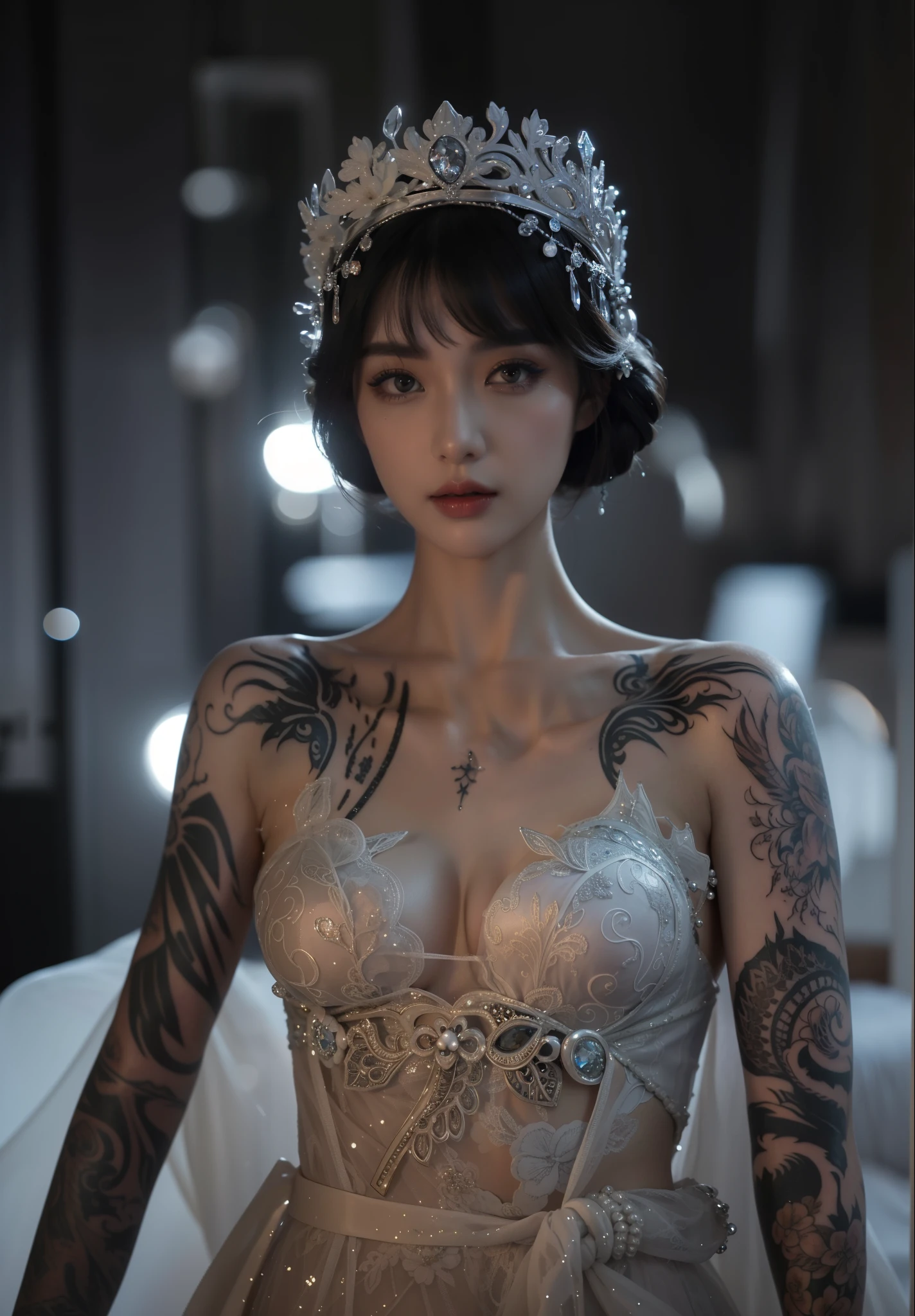 Royal princess,Exquisite eyes,Snow Queen,Put the crown on your head,Detailed facial expressions body,tall and big,Glamorous characters,Leg length,4K,HD,Sensual,White translucent lace,白皙Full figure,Little cherry mouth,Beautiful and lovely,Full figure,Glossy Gel Coat,Vampire queen wears luxurious dress,Have a tattoo(intricate tattoo designs),tattoo queen,Ice Princess,手臂Have a tattoo,apply lipstick