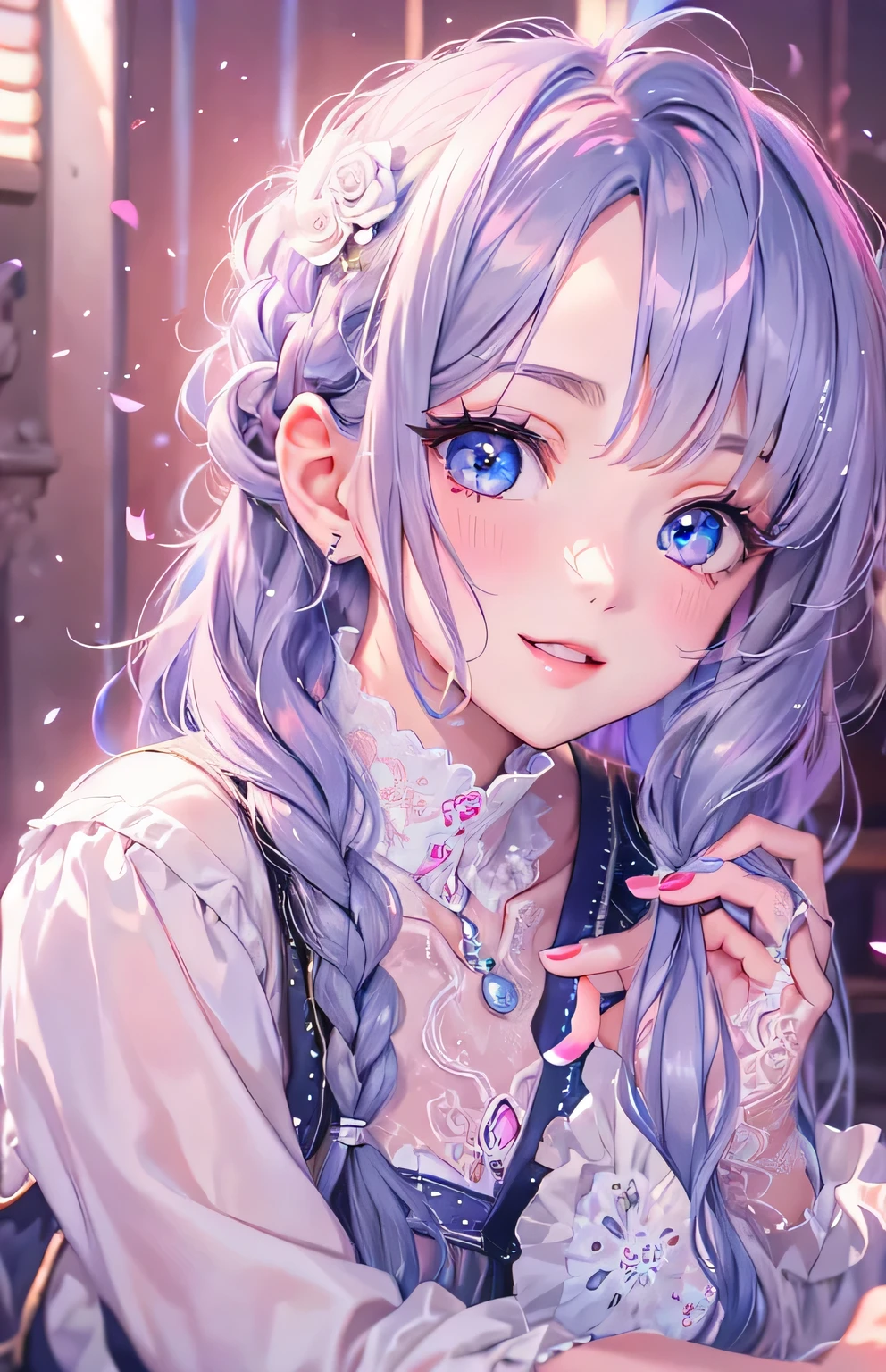 ((highest quality)), ((masterpiece)), (Get used to it), Perfect Face , masterpiece、highest quality、High resolution、High-quality images、8k, 1 female、Skin Radiance、Texture of skin and clothing、Expression of fine eyes、Shiny bright silver hair,Girl with long braided hair, Manga inspired by Lee Jong-suk, Trending on deviantart, realism, detailed manga style, Manga art style, Perfect Line Drawing, Beautiful line art, digital manga art girl, K-POPアイドル, beautiful light blue eyes, Lips become thicker, Gorgeous face with attention to detail, (Cute Smile), charm, Innocent, Side view, (Perfectly detailed face), (Beautiful Hands) Photorealistic images, Written boundary depth, 20th Generation ,beautiful girl , Babydoll Underwear , The roses have fallen , Lying in bed ,