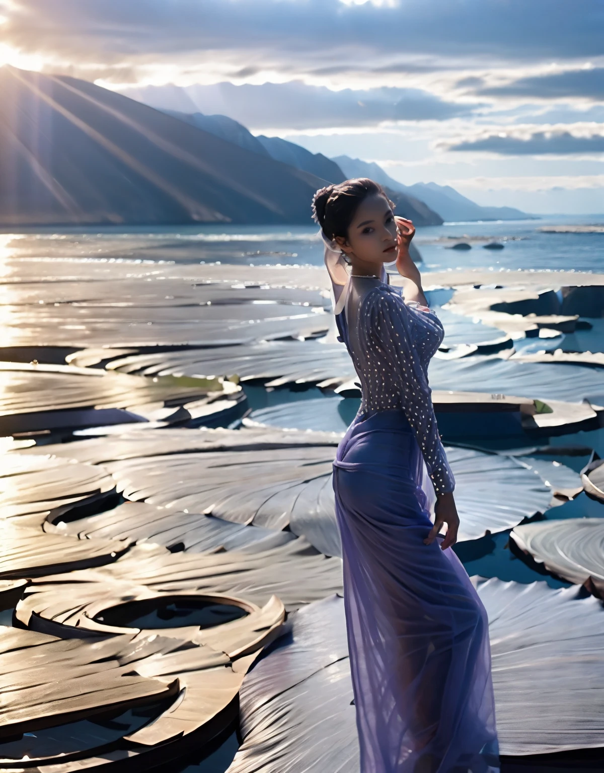 Arav woman in purple dress posing for photo，petal，Minimalist attention，Sea view，