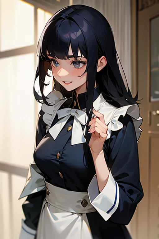 (Highest Resolution, clear_image) highest quality, Single person, One Woman, alone, masterpiece, Very detailed, Semi-realistic, Black Hairのショートヘア, Black Hair, bangs, 18-year-old, mature, light blue uniform, uniform, Indoor Background, kind, Authoritative, powerful, exquisite features, exquisite features、Eyelashes become longer、Showing teeth、smile😀、Maid clothes、touching hair