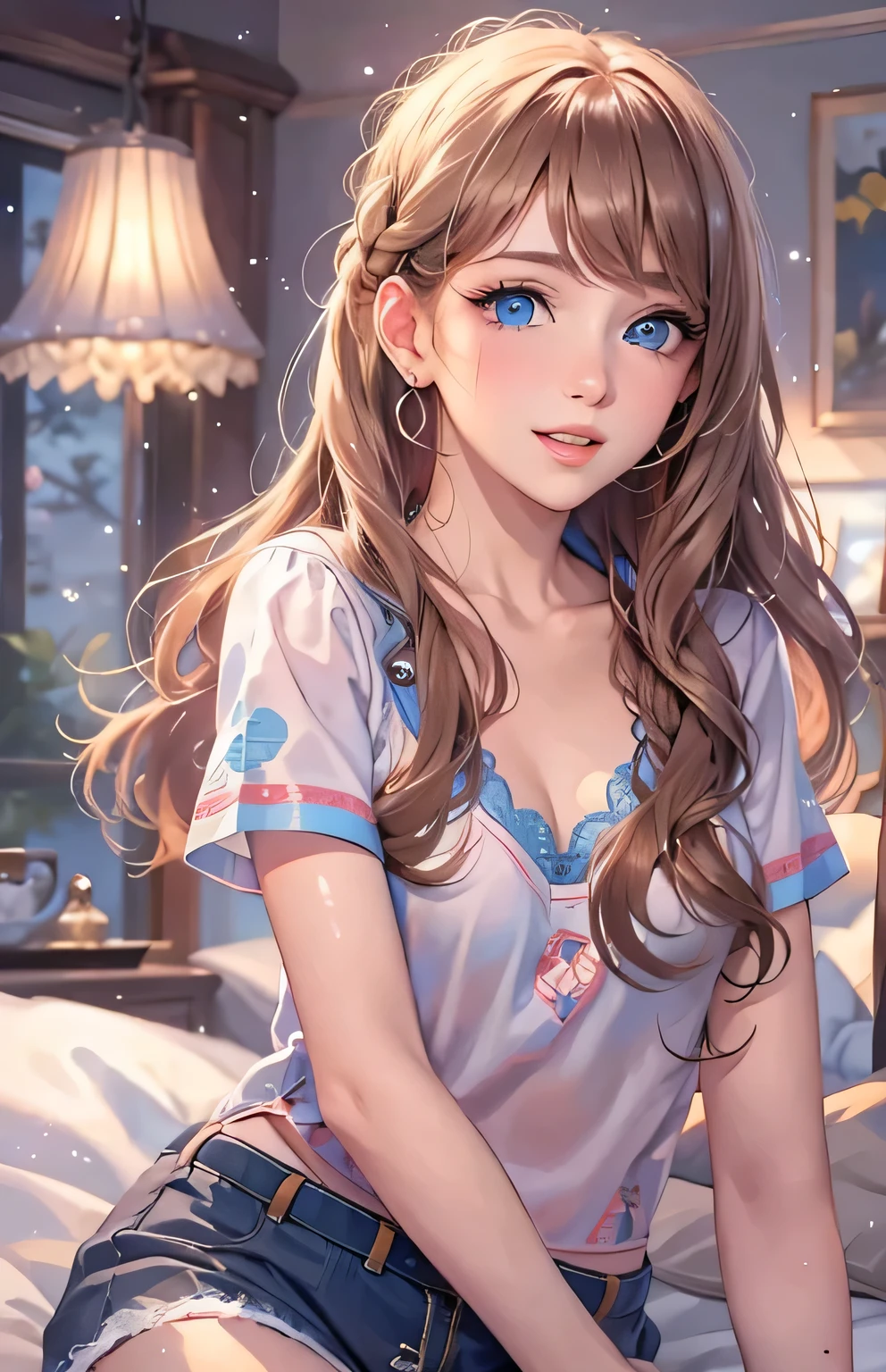 ((highest quality)), ((masterpiece)), (Get used to it), Perfect Face , masterpiece、highest quality、High resolution、High-quality images、8k, 1 female、Skin Radiance、Texture of skin and clothing、Expression of fine eyes、shiny light light brown hair,Girl with long braided hair, Manga inspired by Lee Jong-suk, Trending on deviantart, realism, detailed manga style, Manga art style, Perfect Line Drawing, Beautiful line art, digital manga art girl, K-POPアイドル, Beautiful Blue Eyes, Lips become thicker, Gorgeous face with attention to detail, (Cute Smile), charm, Innocent, Side view, (Perfectly detailed face), (Beautiful Hands) Photorealistic images, Written boundary depth, 20th Generation ,beautiful girl , In underwear , The roses have fallen , Lying in bed ,
