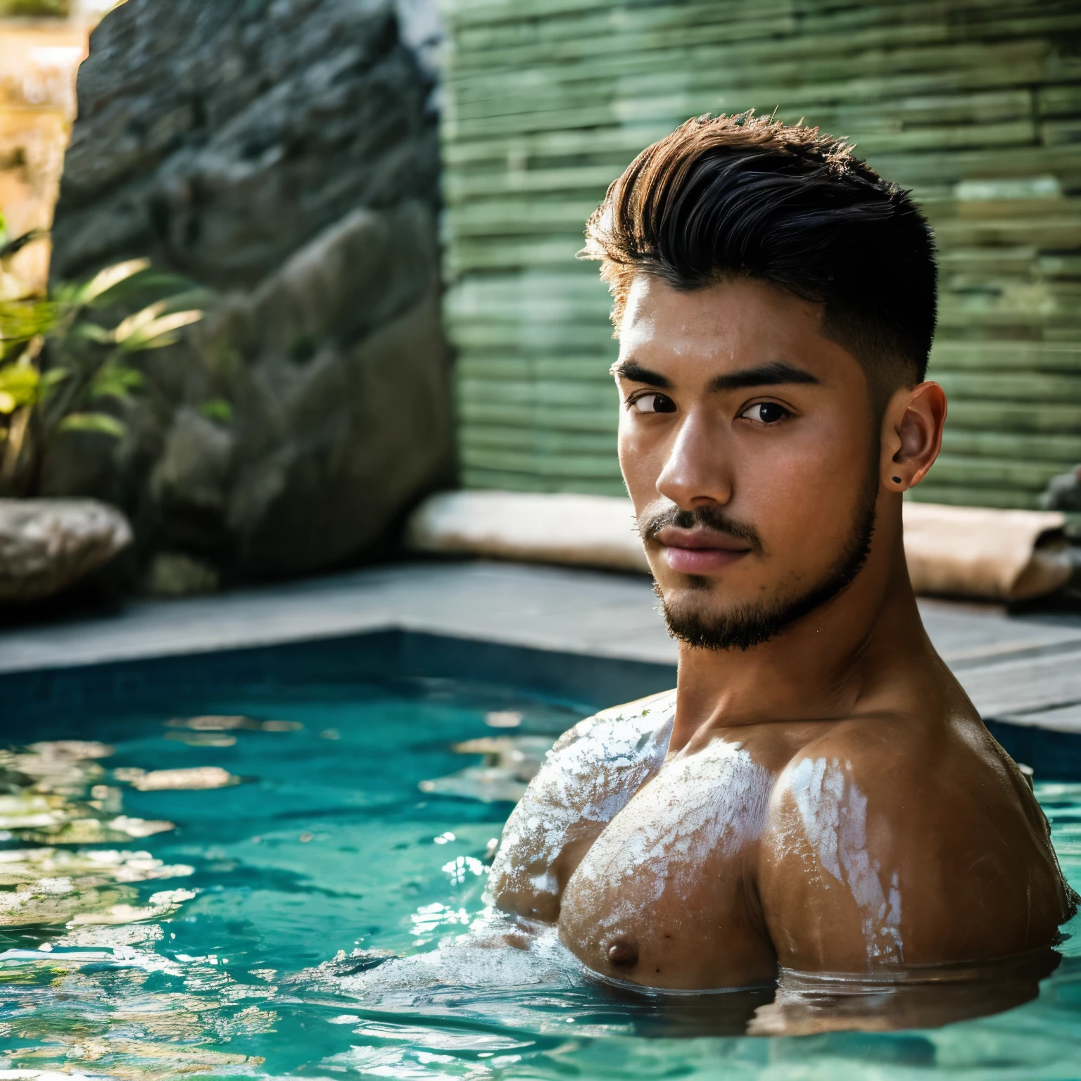 (best quality, masterpiece), 1boy, handsome, kpop idol, intricate details, handsome detailed face, completely naked, penis, muscular, bathing in onsen, looking at viewer, depth of field, detailed background, diffused natural sunlight, natural skin glow, highly detailed glossy eyes