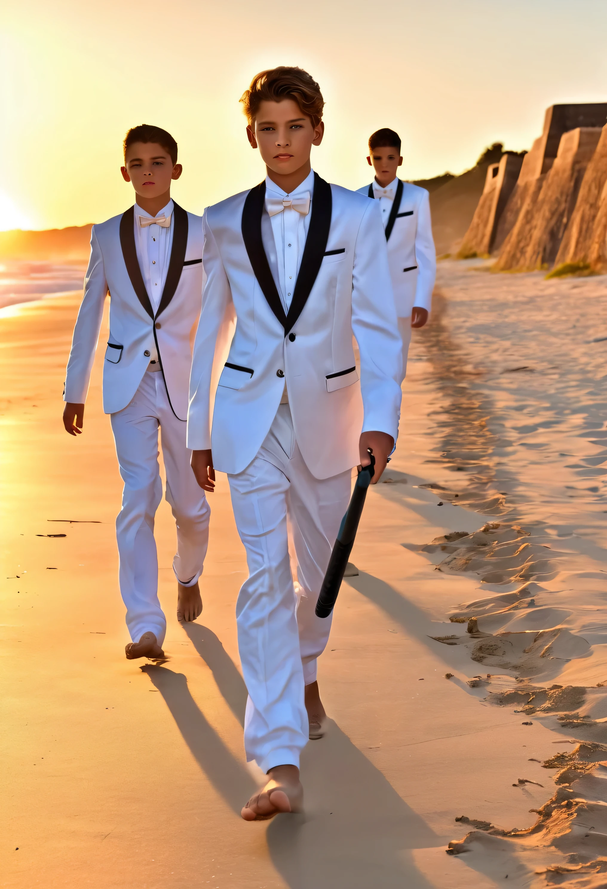 beautiful  boys in tuxedos, ultra detailed faces, walking along beach barefoot, baseball bat, sunrise, ruined fort in background, feet visible, photorealistic hdr best quality