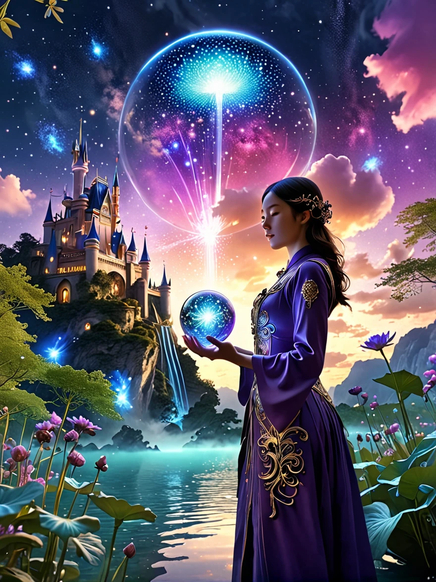 Magical World，(1 Girl trapped in a cosmic vortex nebula:1.5)，Rendered with the Cosmic Beach Swirl engine，(Detailed facial features)，(Beautiful facial features)，Ancient and mysterious castle，Purple Stone，gemstone decoration，glowing plant，Silver Creek，colored clouds，Strange Creatures，Huge magic library，Rich book collection，Magic fluctuations，Crystal Ball，Distant galaxies，Field of magic，A female magician who studies magic，(Glowing magic symbol)，Dreamland，Time and space distortion，River of Light，(Enchanted Garden)，Ultra-wide lens，Bottom view，Knee Shot(KS)，Full body shot(FLS)，High Detail，high resolution，Ultra-high quality，detailed，Hyperrealism，Volumetric Lighting，Spectacular，Ambient Light，light pollution，Movie atmosphere，Art Nouveau，Illustration artwork by SenseiJaye，Intricate details