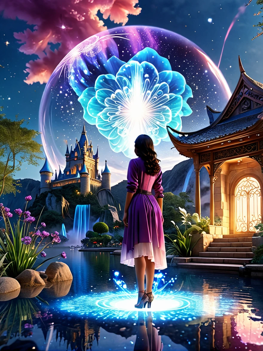 Magical World，(1 Girl trapped in a cosmic vortex nebula:1.5)，Rendered with the Cosmic Beach Swirl engine，(Detailed facial features)，(Beautiful facial features)，Ancient and mysterious castle，Purple Stone，gemstone decoration，glowing plant，Silver Creek，colored clouds，Strange Creatures，Huge magic library，Rich book collection，Magic fluctuations，Crystal Ball，Distant galaxies，Field of magic，A female magician who studies magic，(Glowing magic symbol)，Dreamland，Time and space distortion，River of Light，(Enchanted Garden)，Ultra-wide lens，Bottom view，Knee Shot(KS)，Full body shot(FLS)，High Detail，high resolution，Ultra-high quality，detailed，Hyperrealism，Volumetric Lighting，Spectacular，Ambient Light，light pollution，Movie atmosphere，Art Nouveau，Illustration artwork by SenseiJaye，Intricate details