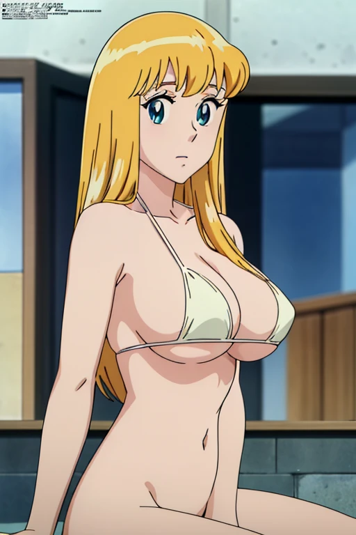 (anime cels style, Masterpiece, best quality, high resolution, anime colored, megami magazine:1.2, anime poster style, anime keyvisual, sharp, 8k, photorealistic), (beautiful eyes:1.5), reiko_aiwaifu, 1girl, blond hair, long hair, sagging huge breast, (beautiful nude), bikini, underboob, (upper body, sitting), (perfect detailed anatomy, perfect arms, perfect fingers, beautiful face, perfect body, shiny skin), onsen,
