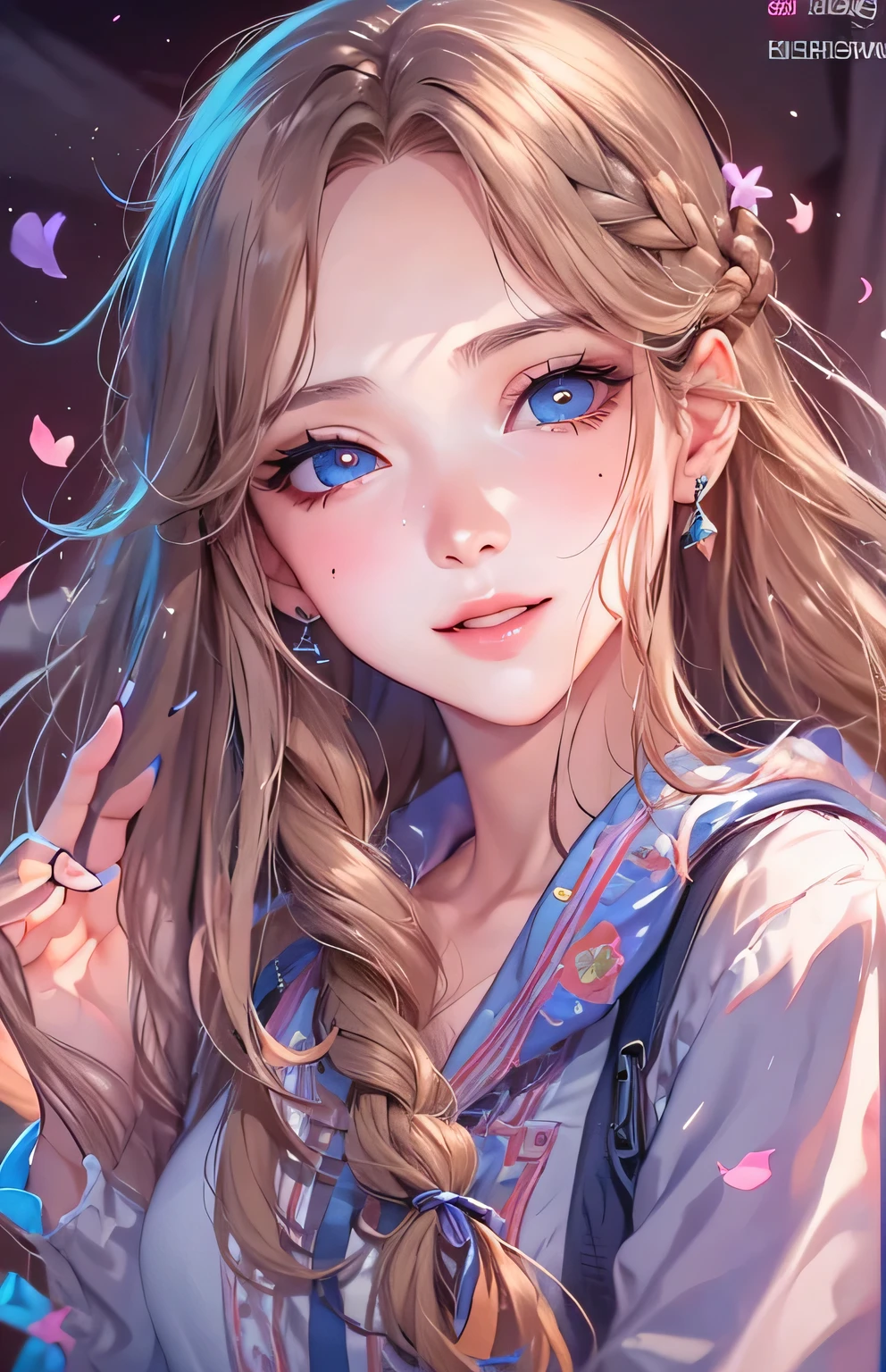 ((highest quality)), ((masterpiece)), (Get used to it), Perfect Face , masterpiece、highest quality、High resolution、High-quality images、8k, 1 female、Skin Radiance、Texture of skin and clothing、Expression of fine eyes、shiny light light brown hair,Girl with long braided hair, Manga inspired by Lee Jong-suk, Trending on deviantart, realism, detailed manga style, Manga art style, Perfect Line Drawing, Beautiful line art, digital manga art girl, K-POPアイドル, Beautiful Blue Eyes, Lips become thicker, Gorgeous face with attention to detail, (Cute Smile), charm, Innocent, Side view, (Perfectly detailed face), (Beautiful Hands) Photorealistic images, Written boundary depth, 20th Generation ,beautiful girl , In underwear , The roses have fallen , Lying in bed ,