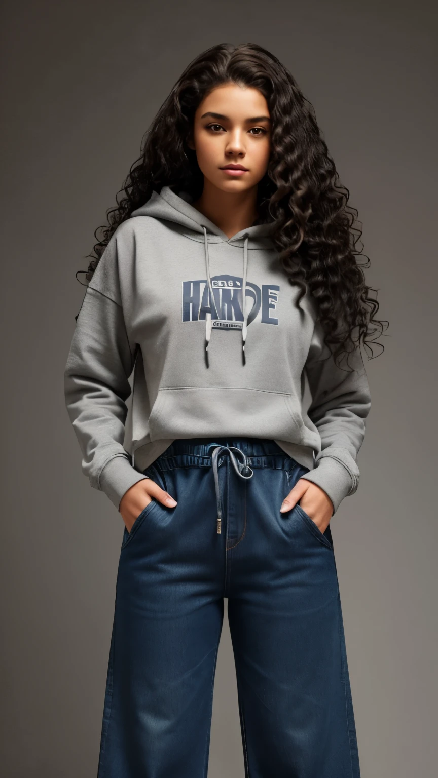 photo ((full length)), A color stock photo of a girl with dark long (((very curly hair))) in a hoodie and faded denim trousers, full face, image on a gray background(best quality: 1.5), high-quality, realistic, detailed