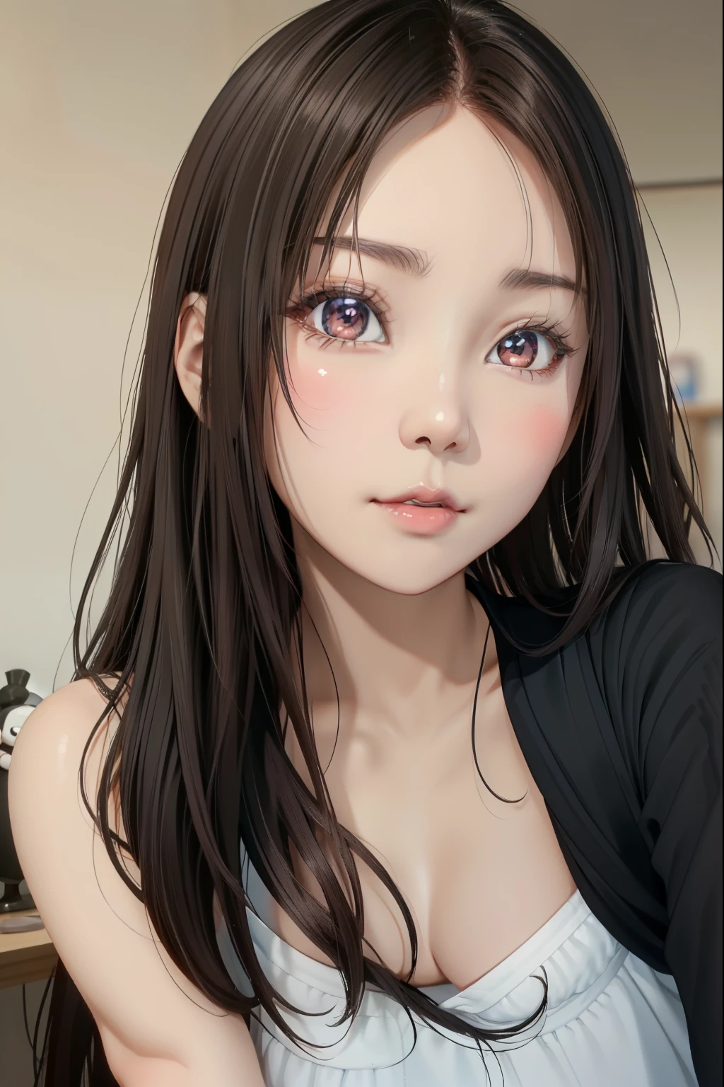 arafed asian woman with long brown hair and a black shirt, young adorable korean face, 8k selfie photograph, ulzzang, girl cute-fine-face, wan adorable korean face, with cute - fine - face, kawaii realistic portrait, cute natural anime face, lovely delicate face, gorgeous young korean woman, korean girl, young cute wan asian face