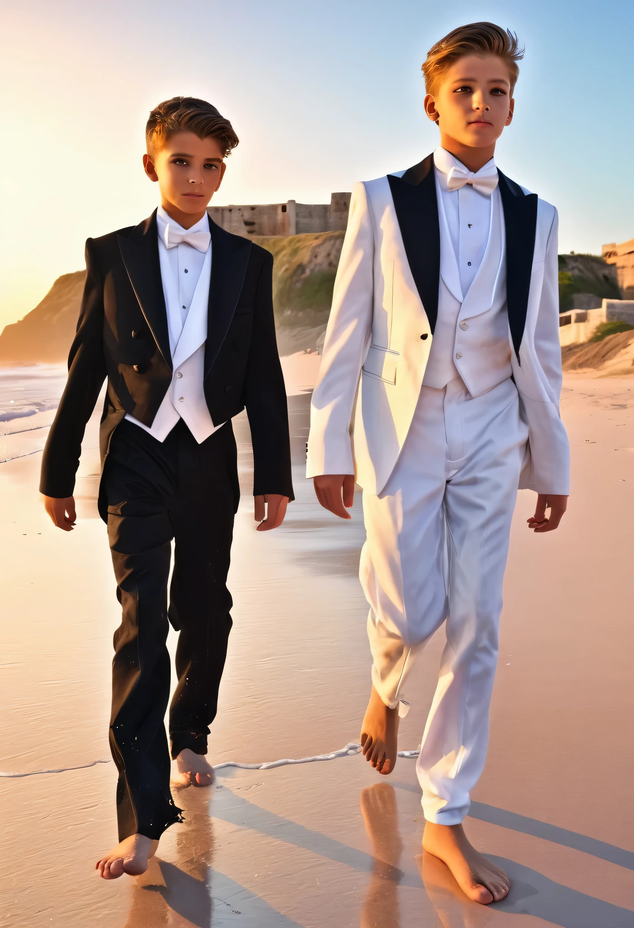 beautiful  boys in tuxedos, very detailed faces, walking along beach barefoot, sunrise, ruined fort in background, photorealistic hdr best quality