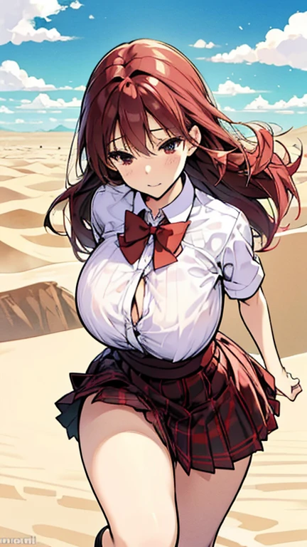 running in the desert , waistband of skirt is at the point above chest ,skirt dark red , plaid skirt , pleated skirt , Tight shirt , white Shirt , school girl , skirt under breasts , skirt is near breasts area , red knot , red bow , skirt is adjacent to the chest , steam