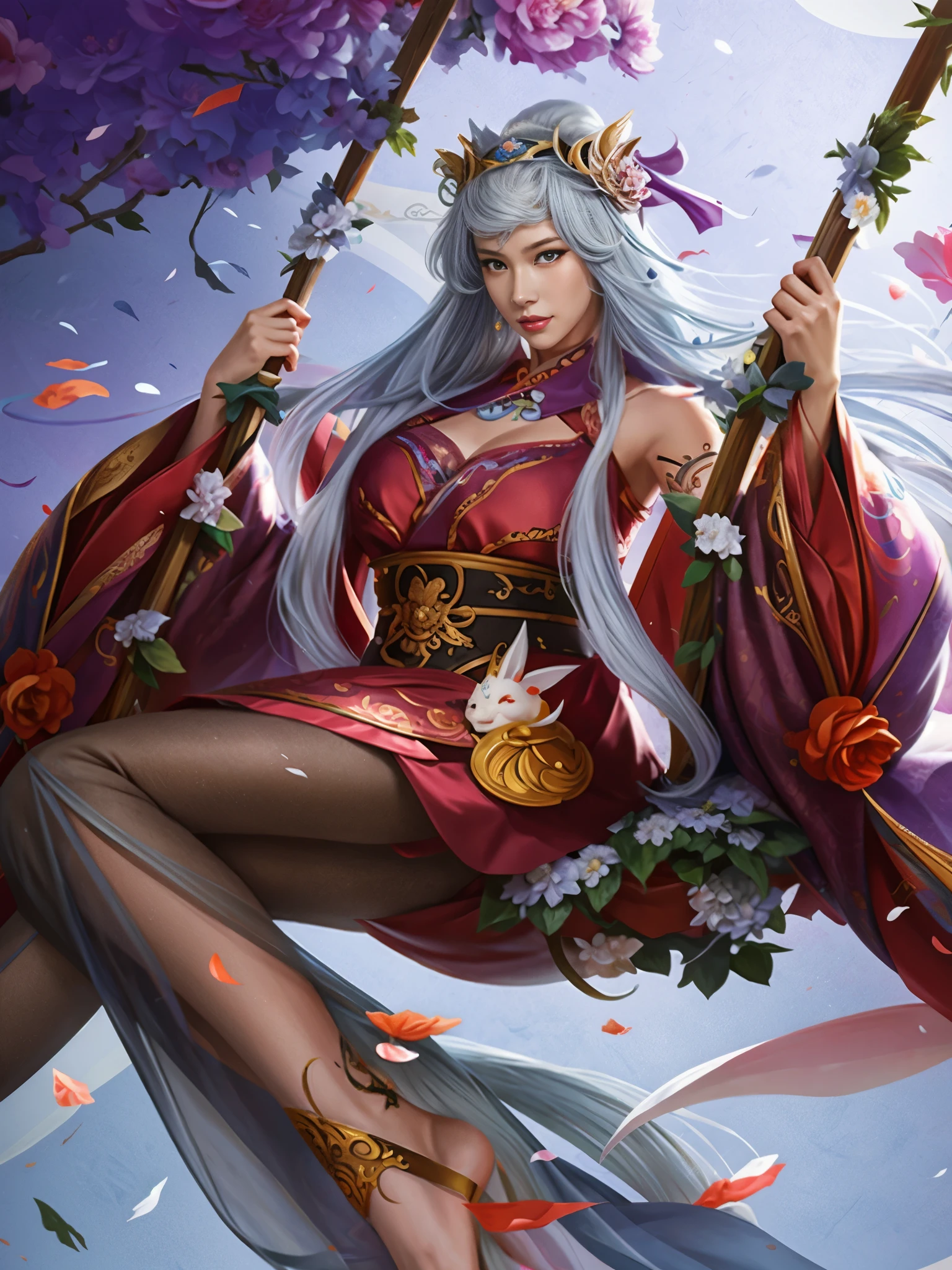 Anime style illustration,Depicts a woman wearing a flower crown and sitting on a swing, Onmyoji detailed art, White-haired deity, Onmyoji, Onmyoji portrait, Anime Fantasy Illustration, author:Yang Jie, Extremely detailed artger, Beautiful character painting, rossdraws sakimimichan, Fantasy art style, Alphonse Mucha and Ross Draf, Anime Fantasy Artwork