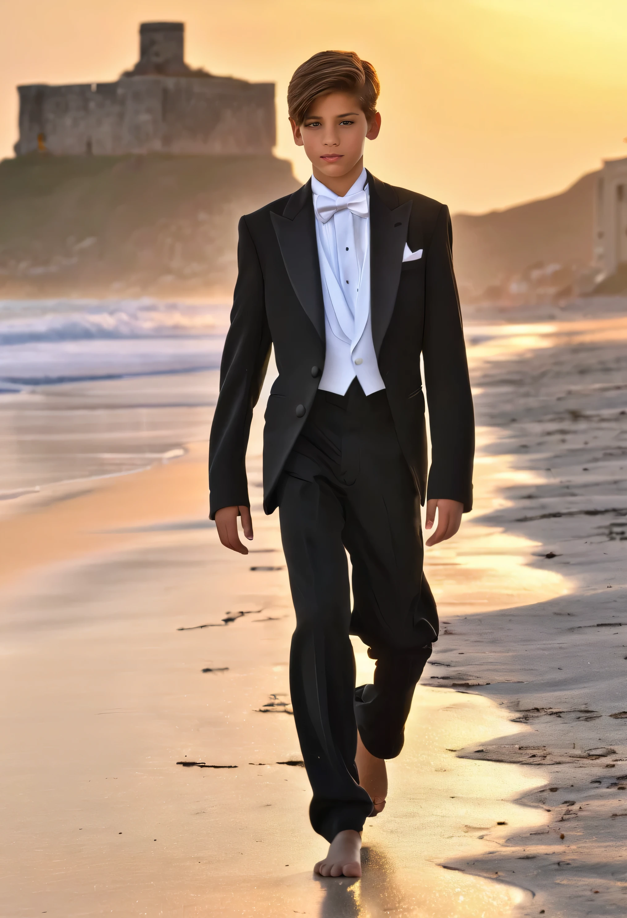 beautiful  boy in tuxedo, very detailed face, walking along beach barefoot, sunrise, ruined fort in background, photorealistic hdr best quality