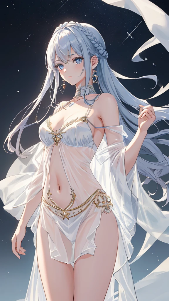 ((masterpiece 1.8)), ((ultra quality)), ((super fine illustration)), ((stunning cg)),((1girl)), solo, ((very beautiful and cute girl)), ((16years old graceful girl)), ((gradation colored hair silver:1.4 pale blue:0.6)), (super long hair), ((fine detailed eyes 1.8)), (blue eyes), (fine detailed face), small bast, ((bangs)), ((french braid)), ((slender 1.8)), standing, cowboy shot, collarbone, creavege, navel, ((greek mythology costume:1.4)), (white clothes), ((less lingerie)), ((no bottoms)), ((see-through)), hand up, jewelry, earrings, (ultra beautiful reflection),
(ultra beautiful lighting:0.8),
(best shadow:0.4),
(sense of depth:1.5),