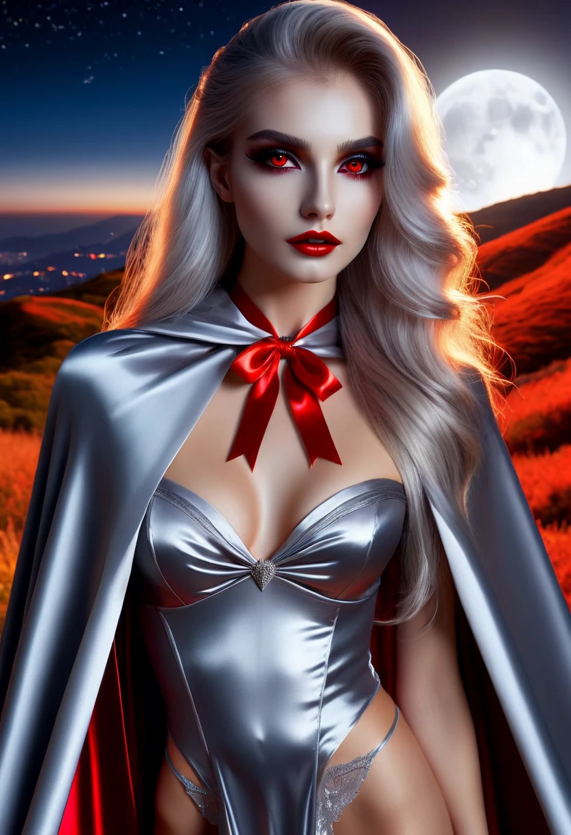 Vampyfangs(RAW Photo) , (highly detailed:1.20) , ultra realistic :1.10) ,sexy girl in her 20s , (perfect face:1.20) , (detailed red eyes:1.20) , with long silver hair in ponytail , (((long silver satin cape tied at the neck with a ribbon :1.20))) , naked , full body, standing on windy hilltop at night , full moon , high-quality ultra realistic style, detailed eyes, professional, expressive , 8K , highly detailed , professional,