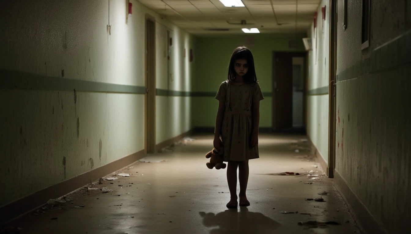 (prompts are in English)
A girl standing in the dimly lit corridor of a psychiatric ward, with a gloomy atmosphere. The walls are covered in peeling paint, and flickering fluorescent lights cast eerie shadows. The air is heavy with an unsettling sense of anticipation. The girl's eyes reflect a mix of fear and curiosity. She clutches onto a worn-out teddy bear for comfort. The corridor stretches endlessly, creating a feeling of isolation and despair. The sound of distant footsteps adds to the eerie ambiance. The overall scene is captured in a dark, cinematic style, with deep, muted tones that enhance the oppressive atmosphere. The composition is carefully framed to emphasize the girl's vulnerability and the oppressive nature of the setting.