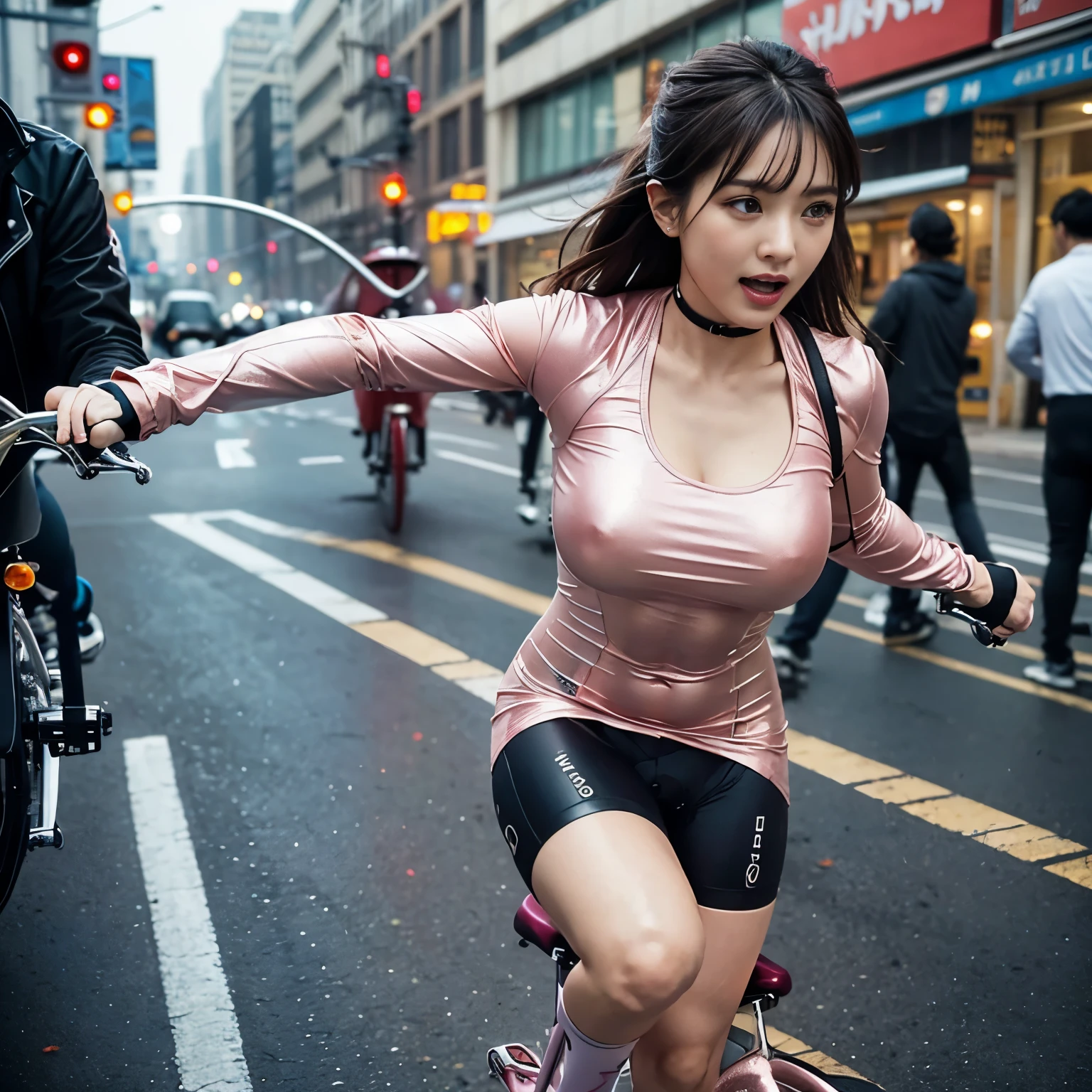 (highest quality、4K、8k、High resolution、masterpiece: 1.2)、Very detailed、(Genuine、Realistic、Realistic: 1.37)、SF、Beautiful young woman、so beautiful、Bounty Hunter、(((Bike Chase:1.7)))、City、futuristic cyberpunk、high tech、neon、Dynamic and fast-paced、Night cityscape、Blurred street lights、shadows and reflections、Motion Blur、High Contrast、Exciting and thrilling、Stunts and jumps、Action-packed、adrenaline rush、Smoke and sparks、Edgy and intense、bold colors、Rough and dark、rain-soaked street、Squeaky tires、Strobe light、Skyline at night、Threatening atmosphere、Exciting angles and perspectives、Street graffiti、Vibrant and bustling、 High Speed Pursuit、Dystopian atmosphere、explosionと破片、Sleek and modern bike、Shining headlights and taillights、 (highest quality、4k、8k、High Resolution、Masterpiece: 1.2)、Super detailed、(Real、Photorealistic、Photorealistic: 1.37)、HDR、UHD、Studio Lighting、Ultra-detailed Paint、Sharp Focus、Physically Based Rendering 、Very detailedな説明、professional、Bright colors、Bokeh、Cybernetic Weapons、Cyberspace、high techシティ、輝くneonライト、((Futuristic Fashion))、((Skin-tight light pink metallic outfit))、Mythical creatures、(Intense action)、(Sexy pose)、(Excited expression)、Fast-paced、Exciting soundtrack、explosion、advanced technology、Crisp contrast、Gritty atmosphere、Black Market Trading、Skyline at night、Steampunk element、Laser gun combat、Hidden alleys、hovering drone、Enhanced Vision、The unforgiving metropolis、Cybernetic Implantysterious informant from a secret organization、High Speed Chase、Impressive acrobatics、Colorful holograms、urban exploration、Navigating Virtual Genuineity、A diverse and multicultural society、Dystopian society、 Crowded street、hole々skyscraper、Android Companion、Illegal cybernetic modifications、心臓がドキドキするadrenaline rush、Heroic determination、House Trojek、