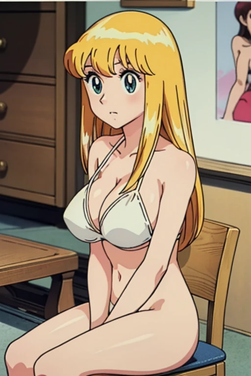 (anime cels style, Masterpiece, best quality, high resolution, anime colored, megami magazine:1.2, anime poster style, anime keyvisual, sharp, 8k, photorealistic), (beautiful eyes:1.5), reiko_aiwaifu, 1girl, blond hair, long hair, (sagging huge breast), (beautiful nude), bikini, cleavage, (upper body, sitting), (perfect detailed anatomy, perfect arms, perfect fingers, beautiful face, perfect body, shiny skin), onsen,
