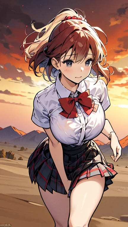 running in the desert , waistband of skirt is at the point above chest ,skirt dark red , plaid skirt , pleated skirt , Tight shirt , white Shirt , school girl , skirt under breasts , skirt is near breasts area , red knot , red bow , skirt is adjacent to the chest , steam