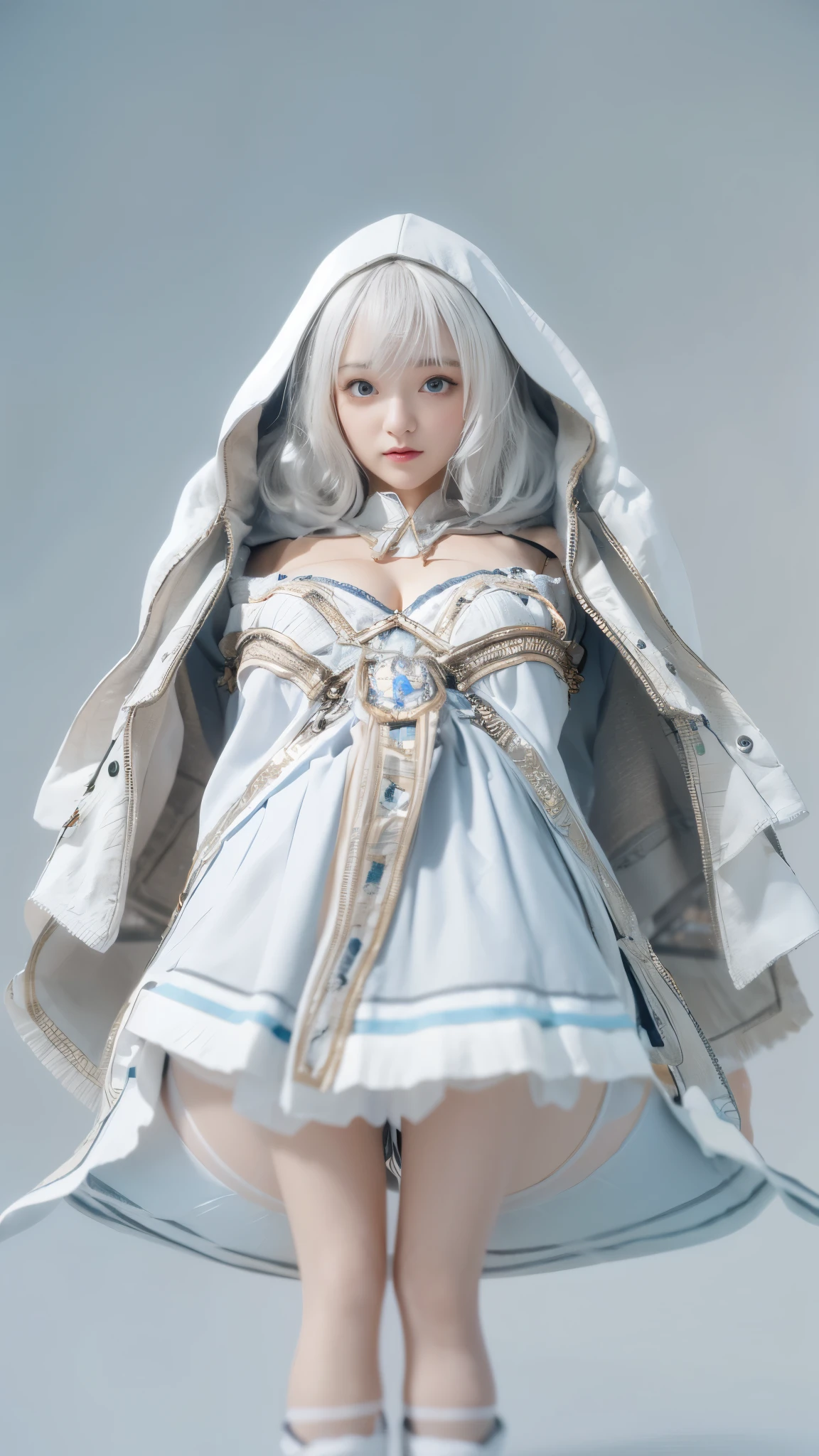((best qualtiy)), ((tmasterpiece)), (the detail:1.4), 3D, A photo of a beautiful woman,Ray traching,NVIDIA RTX,Hyper-Resolution,Unreal 5,Subsurface scattering、PBR Texture、post-proces、Anisotropy Filtering、depth of fields、maximum definition and sharpness、Many-Layer Textures、Albedo e mapas Speculares、Surface coloring、Accurate simulation of light-material interactions, high resolution,(ta costume), Beautiful eyes, White hair, ringed eyes, (Cloak,snowfield),((lifting her skirt,spread their legs:1.2)),