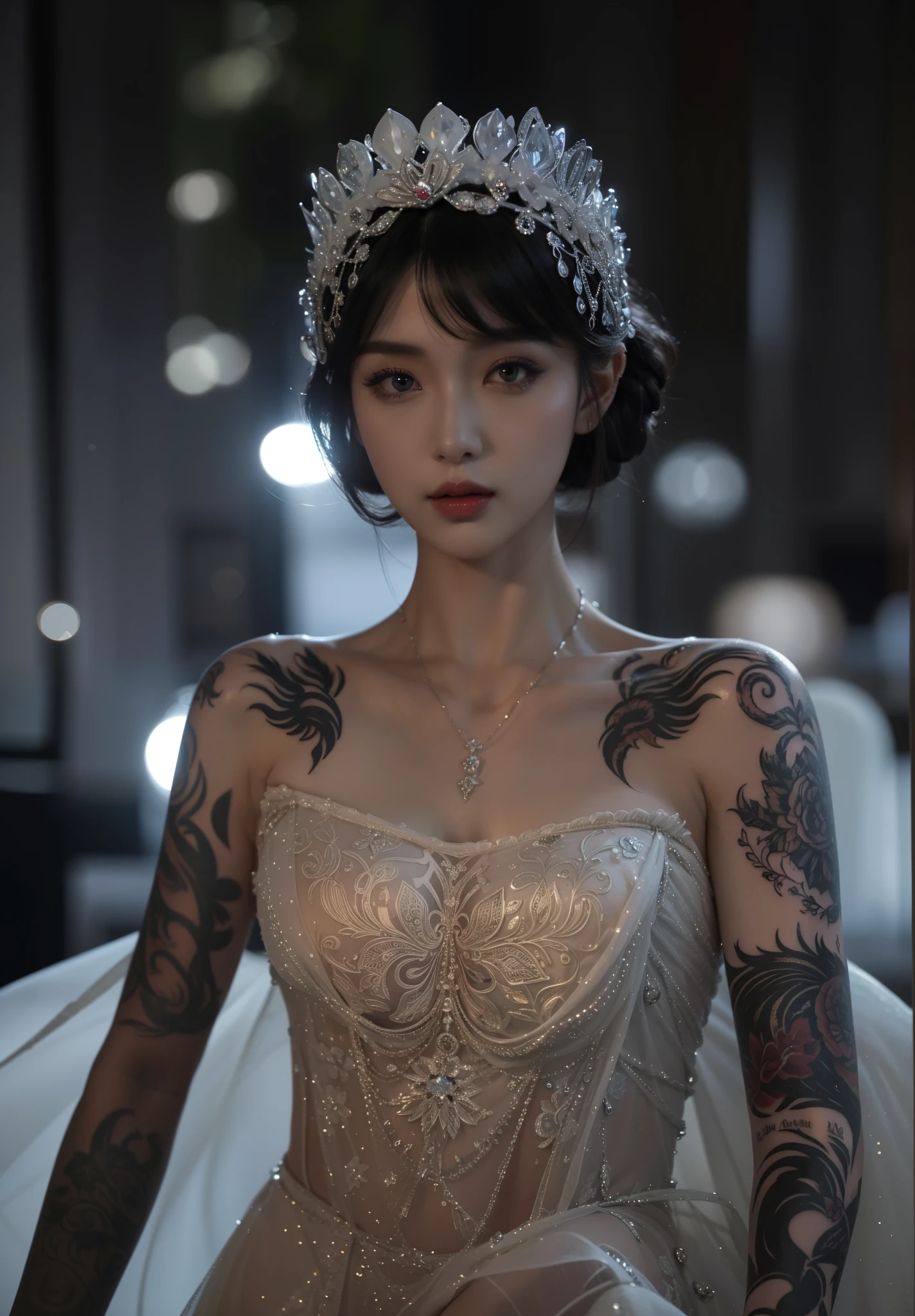 Royal princess，Exquisite eyes，Snow Queen，Put the crown on your head，Detailed facial expressions body，tall and big，Glamorous characters，Leg length，4K，HD，Sensual，White translucent lace，白皙Full figure，Little cherry mouth，Beautiful and lovely，Full figure，Glossy Gel Coat，Vampire queen wears luxurious dress，Have a tattoo(intricate tattoo designs)，tattoo queen，Ice Princess，手臂Have a tattoo，apply lipstick