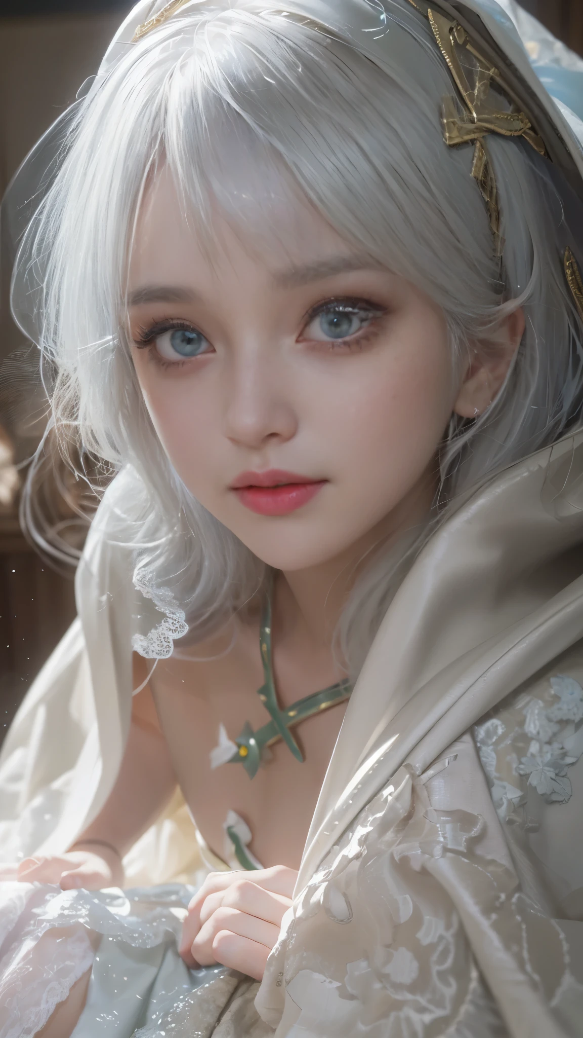 ((best qualtiy)), ((tmasterpiece)), (the detail:1.4), 3D, A photo of a beautiful woman,Ray traching,NVIDIA RTX,Hyper-Resolution,Unreal 5,Subsurface scattering、PBR Texture、post-proces、Anisotropy Filtering、depth of fields、maximum definition and sharpness、Many-Layer Textures、Albedo e mapas Speculares、Surface coloring、Accurate simulation of light-material interactions, high resolution,(Lolita costume), Beautiful eyes, White hair, ringed eyes, (Cloak,snowfield),((lifting her skirt,spread their legs:1.2)),