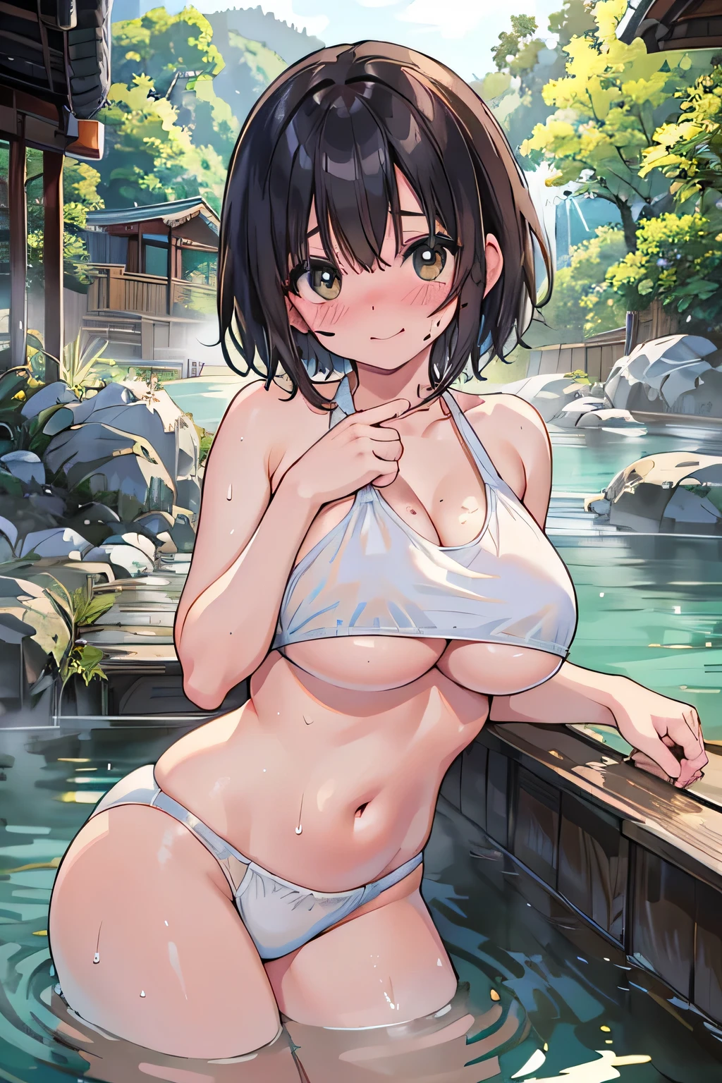 (highest quality:1.4)、High resolution、Detailed Background、(Detailed beautiful face:1.4)、Anatomically correct、(Depict the normal number of fingers:1.2)、(Detailed facial expressions)、Realistic、Beautiful fingers、age beauty、(Huge breasts:1.3)、Perfect body line、Show off your attractive armpits、Accentuate your breasts、Accentuate your cleavage、brown hair、bob hair、Calm atmosphere、Express yourself with confidence、(Underboob:1.3)、I'm a little excited、Blushing、Cowboy Shot、
(Enjoying the hot springs with a slightly embarrassed look:1.5)、Soaking in a hot spring in a sheer white micro bikini、
Looking at me with a very happy expression、
Hida's hot spring resorts are places where you can enjoy beautiful natural environments and hot springs.、
We recommend spending a relaxing time at hot spring areas such as Gero Onsen and Kusatsu Onsen in Gifu Prefecture.、cute