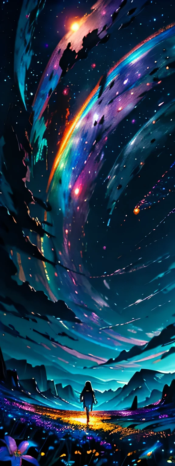 Vast landscape photography , (A view from below, with the sky above and the wide fields below), A girl standing in a flower field looking up, (full moon:1.2), ( shooting star:0.9), (nebula:1.3), Distant Mountain, Treebreak Production Art, (Warm light source:1.2), (fire Fly:1.2), lamp, Lots of purple and orange, Intricate details, Volumetric Lighting Break
(masterpiece:1.2), (highest quality), 4K, Very detailed, (Dynamic configuration:1.4), Very detailed, Colorful details,( Rainbow-colored:1.2), (Shining Lights, Atmospheric lighting), dream-like, Magic, (alone:1.2)