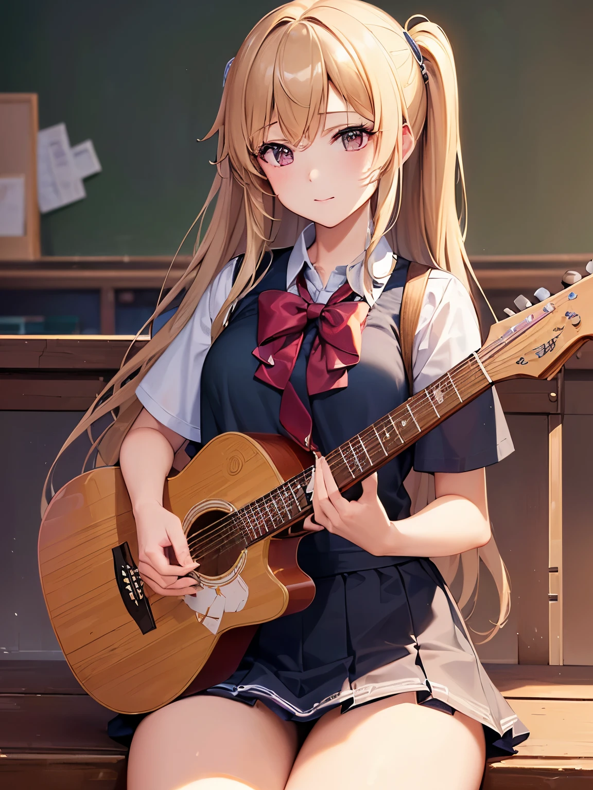 a girl, blond hair, green eyes, long-haired, Blonde Cat Eared Girl, Dawn Hair, Fun Girl, age is 18 years old, white outfit, strum guitar, sing, On the chair, in home