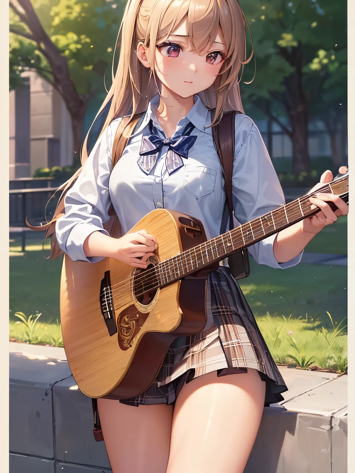 ((highest quality)),(Ultra-high resolution),(Very detailed),(Detailed Description),((The best CG)),(A masterpiece),super precision art,amazing drawing art,(Art with precise details:1.5), (high school girl:1.5), Learning to play the guitar on campus after school。Midsummer Sun