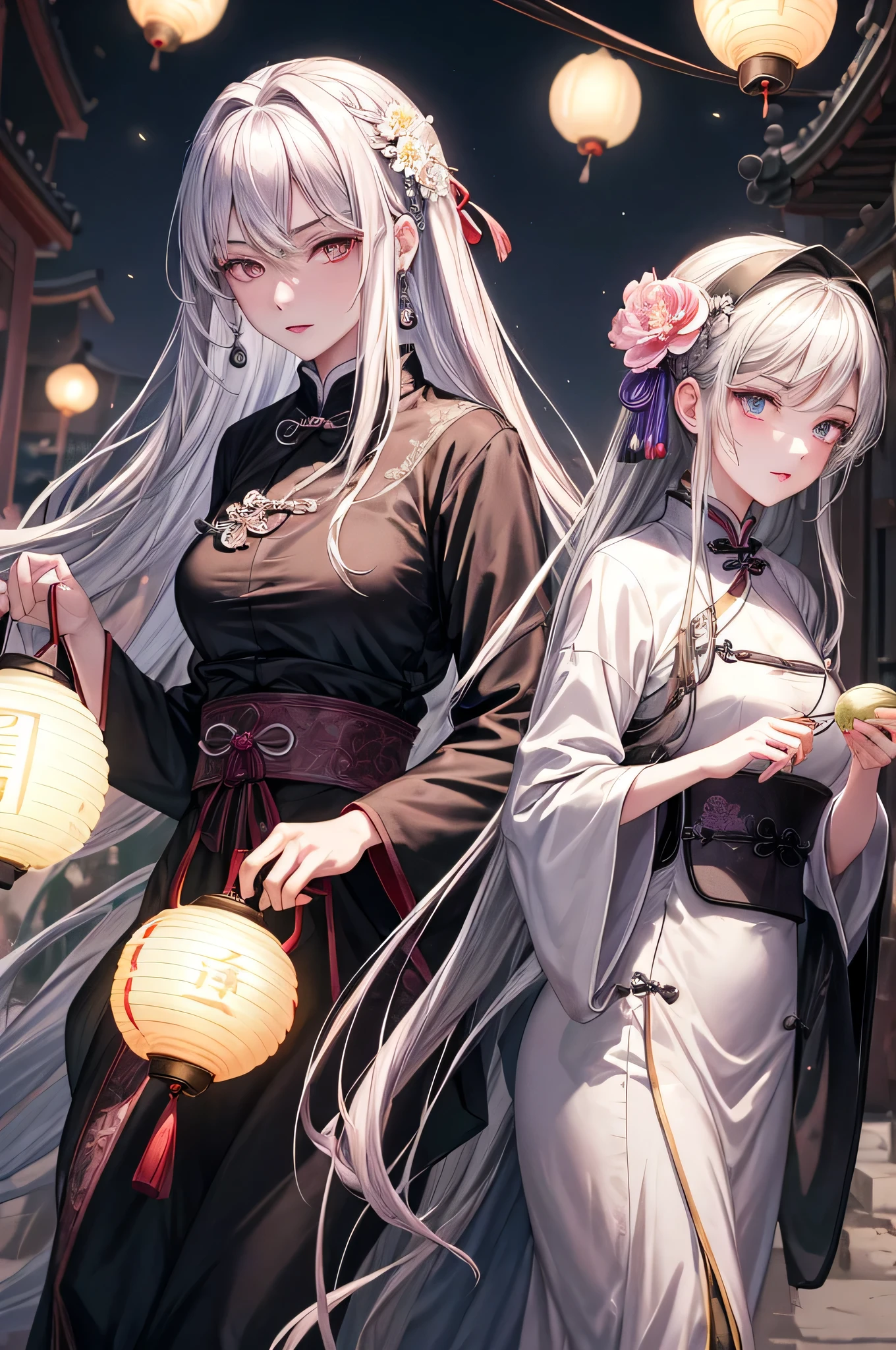 Masterpiece, Best quality, Night, full moon, 1 girl, Mature woman, Chinese style, Ancient China, Sisters, , Grim expression, Faceless, Silver white long haired woman, Light pink lips, calm, Intellectual, tribelt, Gray pupils, assassins, Flower lanterns, holding lantern, flower ball background, Stroll through the street landscape