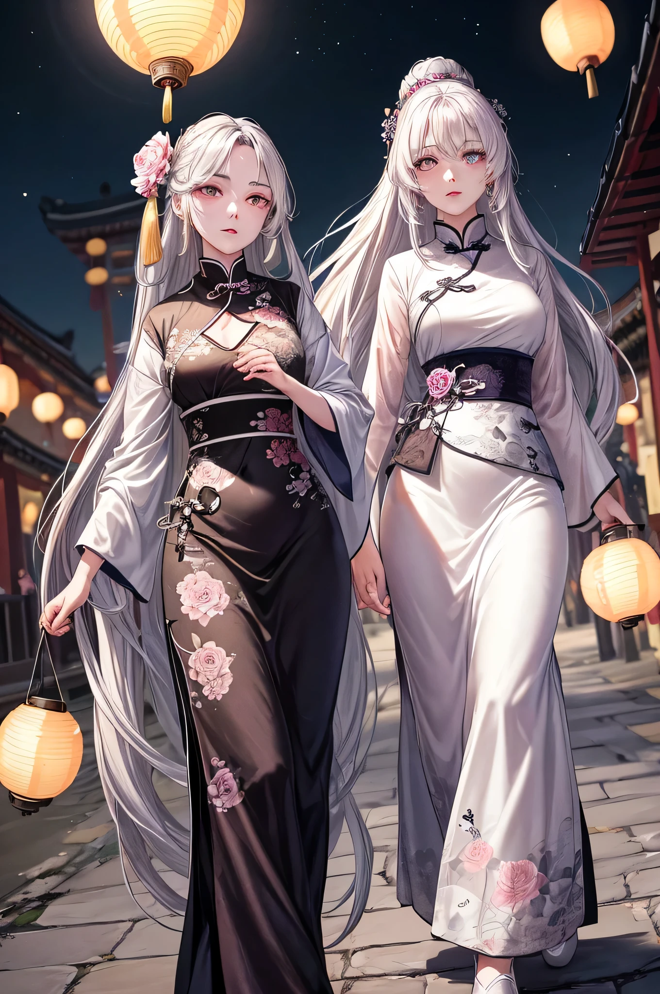 Masterpiece, Best quality, Night, full moon, 1 girl, Mature woman, Chinese style, Ancient China, Sisters, , Grim expression, Faceless, Silver white long haired woman, Light pink lips, calm, Intellectual, tribelt, Gray pupils, assassins, Flower lanterns, holding lantern, flower ball background, Stroll through the street landscape