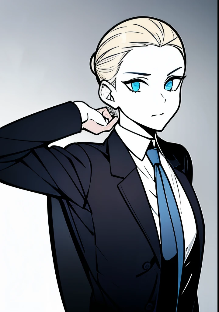 One Young Adult female, pale blonde slicked back into a short ponytail with a single bang on the left hand side, steel blue eyes, light and carefree expression, wearing black suit jacket and tie, portrait style, facing forwards