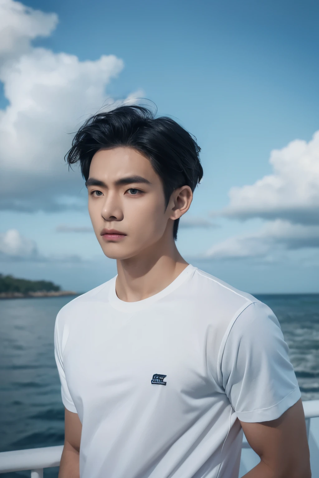 A young man in a shirt stands by the sea with a serious look on his face, looking into the distance，Brow furrowed，He looked nervous，Turn your face slightly，cloudy day