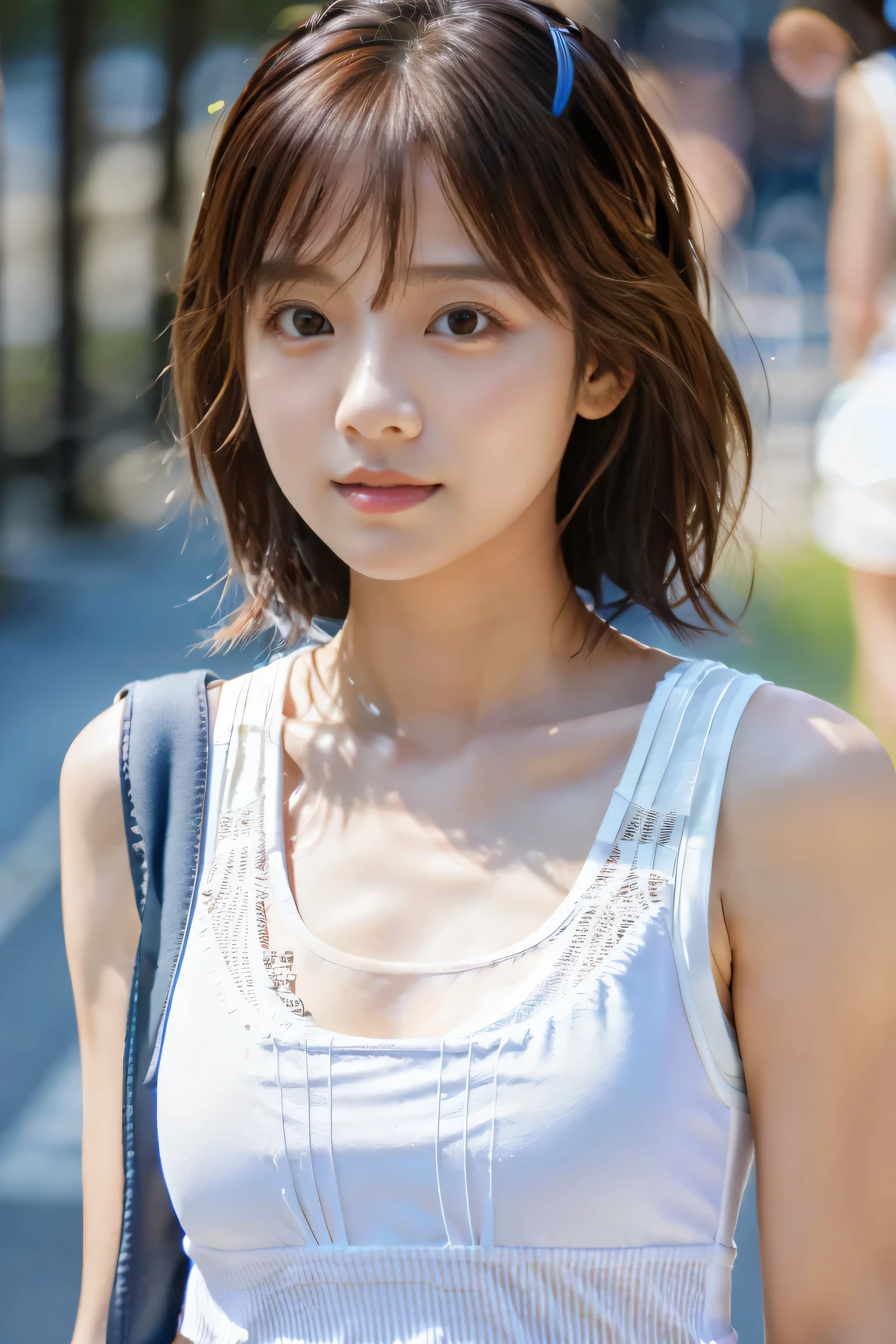 masterpiece, highest quality, Photorealistic, Very detailed, finely, High resolution, 8K Wallpaper, Professional, High level of detail, ((One 18 year old girl:1.2)), Slender Japanese women,cute lips, Detailed clavicle, Mid-chest、Perfect Face, (Cute short hair:1.5), Chestnut Hair、((White tank top and shorts:1.5))