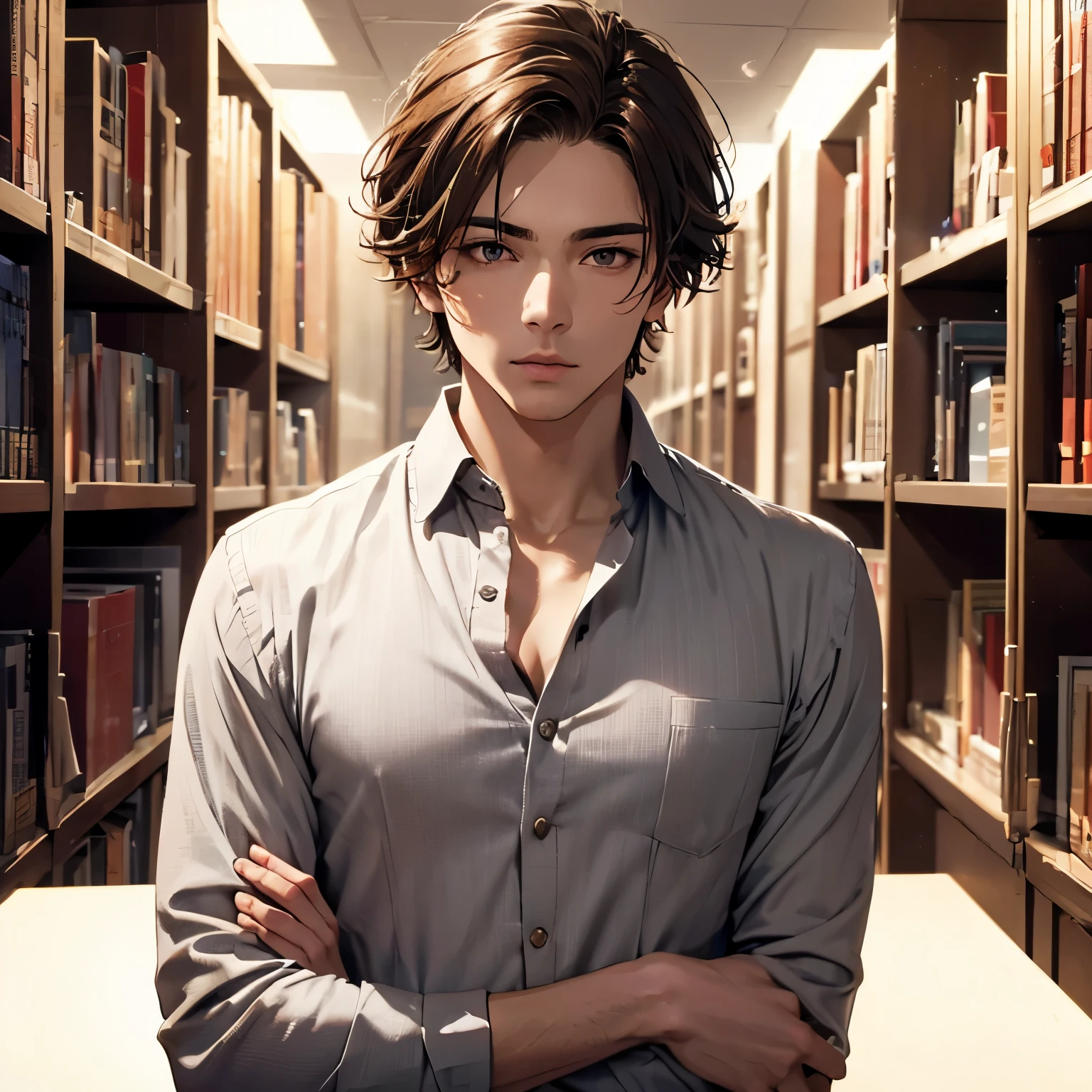 Handsome men photos, Beautiful man, (short hair, Gray brown, straight/Wavy), at the library, social attire, Unbuttoned shirt, (whole body :1.3), (masterpiece) (Perfect aspect ratio)(Realistic photos)(highest quality) (detailed) (8k) (High resolution) (wallpaper) (Cinema Lighting) (Sharp focus) (Complex)
