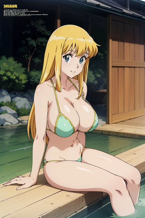 (anime cels style, Masterpiece, best quality, high resolution, anime colored, megami magazine:1.2, anime poster style, anime keyvisual, sharp, 8k, photorealistic), (beautiful eyes:1.5), reiko_aiwaifu, 1girl, blond hair, long hair, (sagging huge breast), (beautiful nude), bikini, cleavage, (upper body, sitting), (perfect detailed anatomy, perfect arms, perfect fingers, beautiful face, perfect body, shiny skin), onsen, 