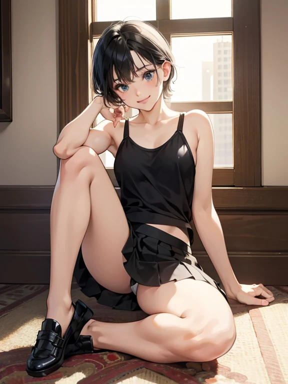 ((masterpiece)), ((best quality)), (ultra-detailed), ((kawaii)), cute, (lovely), realistic, real, full body, In town, daytime, a cute girl, 1girl, solo, Tank top,mini skirt, beautiful black hair, beautiful black eyes, ((beautiful eyes)), short hair, ribon, smile,crevage,Small breasts,sitting,knee up ,white lingerie,