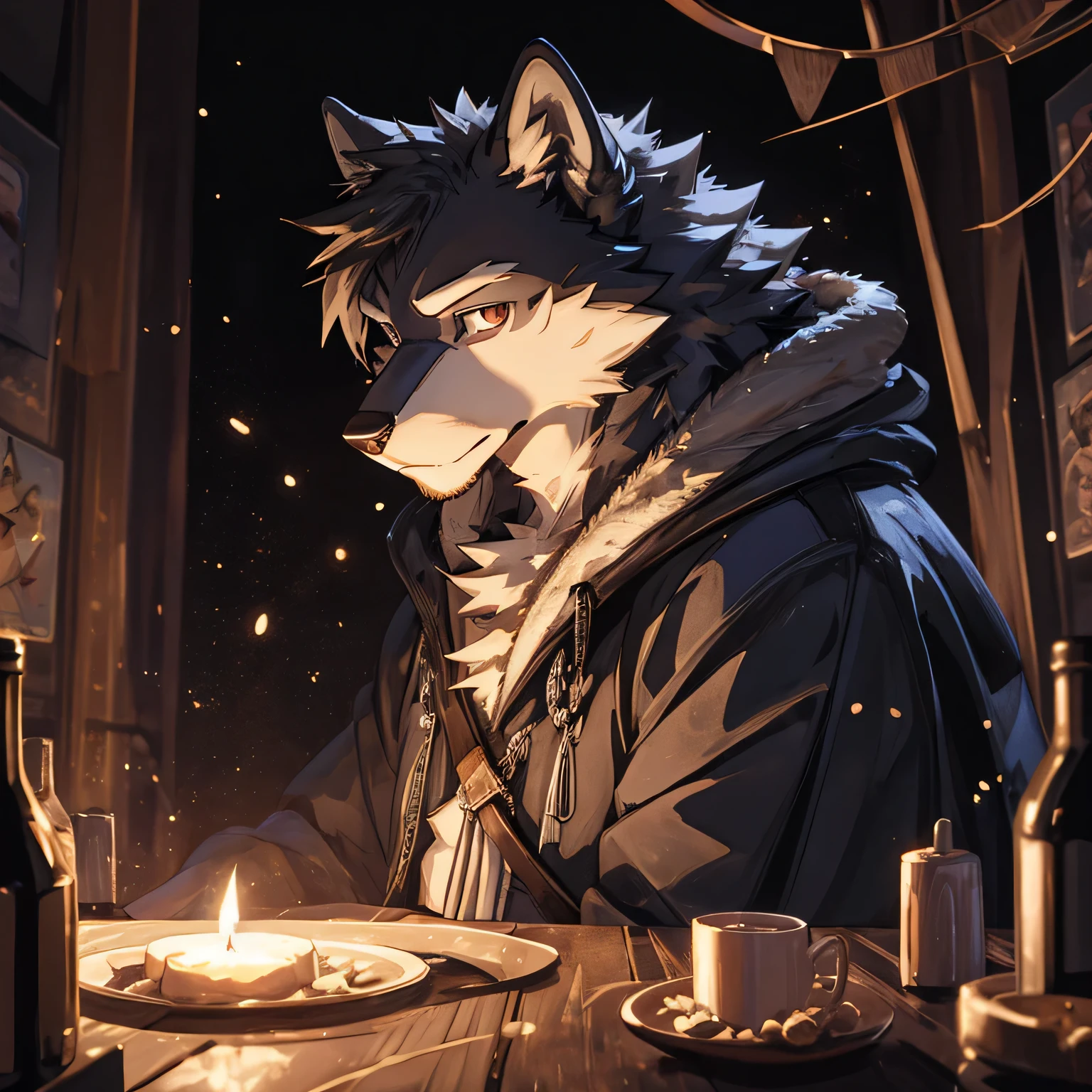 masterpiece, official art, hairy, male, Anthropomorphic gray wolf, Delicate face, Delicateeyes, white sweatshirt, scars in the face, Finger Wolf: 1.2, Depth of Field, Perfect lighting, Light Particles, (best quality), (masterpiece), (Ultra Detail), Sharp focus, Light Particles