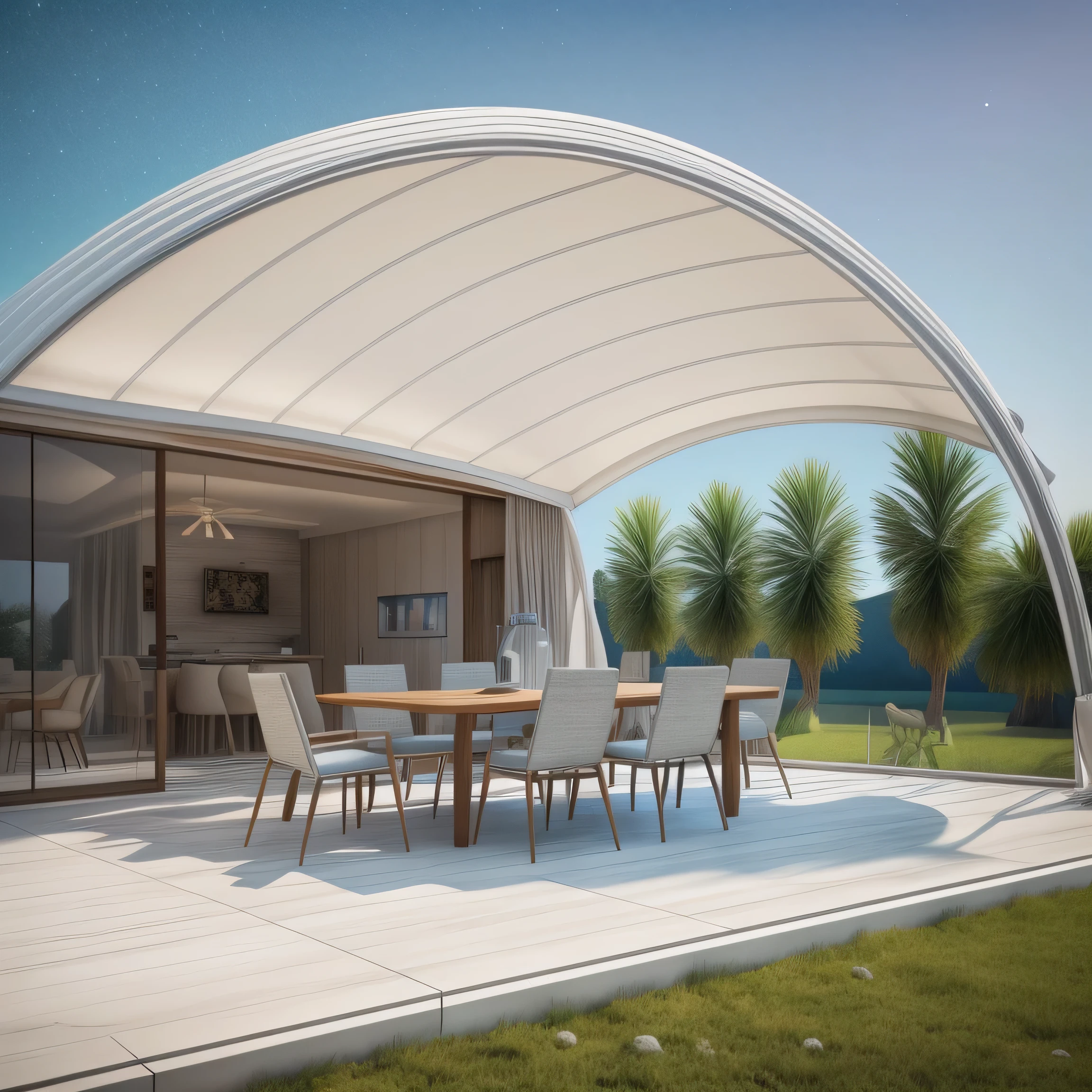 There is a large white terrace,There was a table and chairs, dome, tent architecture, Award-winning shades, Stylish Utopian Design, High quality rendering, Canopies, Covered outdoor stage, Moonlight Rendering, luxcore rendering, Height Rendering, Highly photographic rendering, Smooth curvature design, Realistic rendering, futuristic dome, Luxurious HD rendering, Luminance rendering